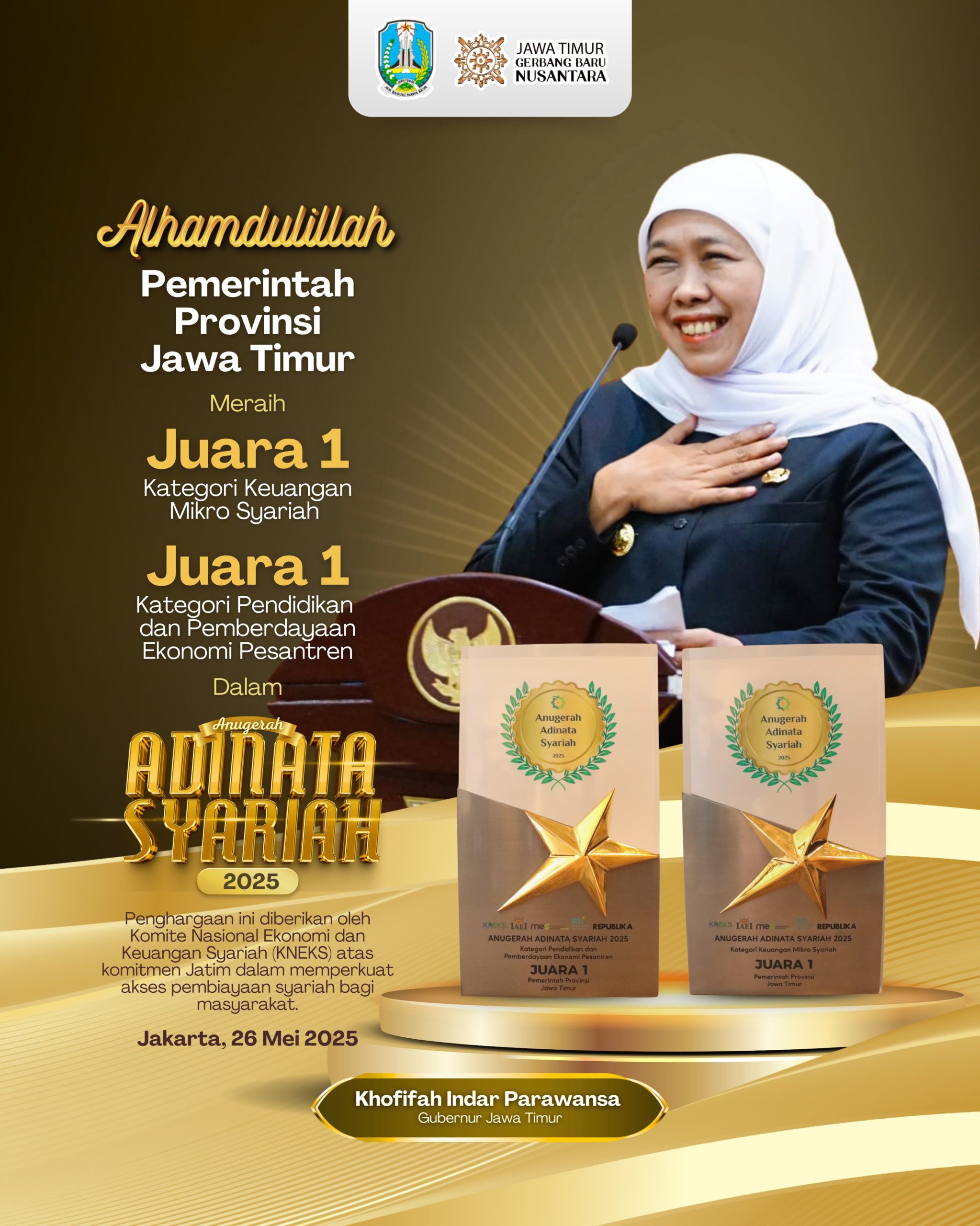 Borong 10 Penghargaan Anugerah Adinata Syariah 2025, Gubernur Khofifah Komitmen Perkuat Pondasi Ekonomi Syariah di Jatim