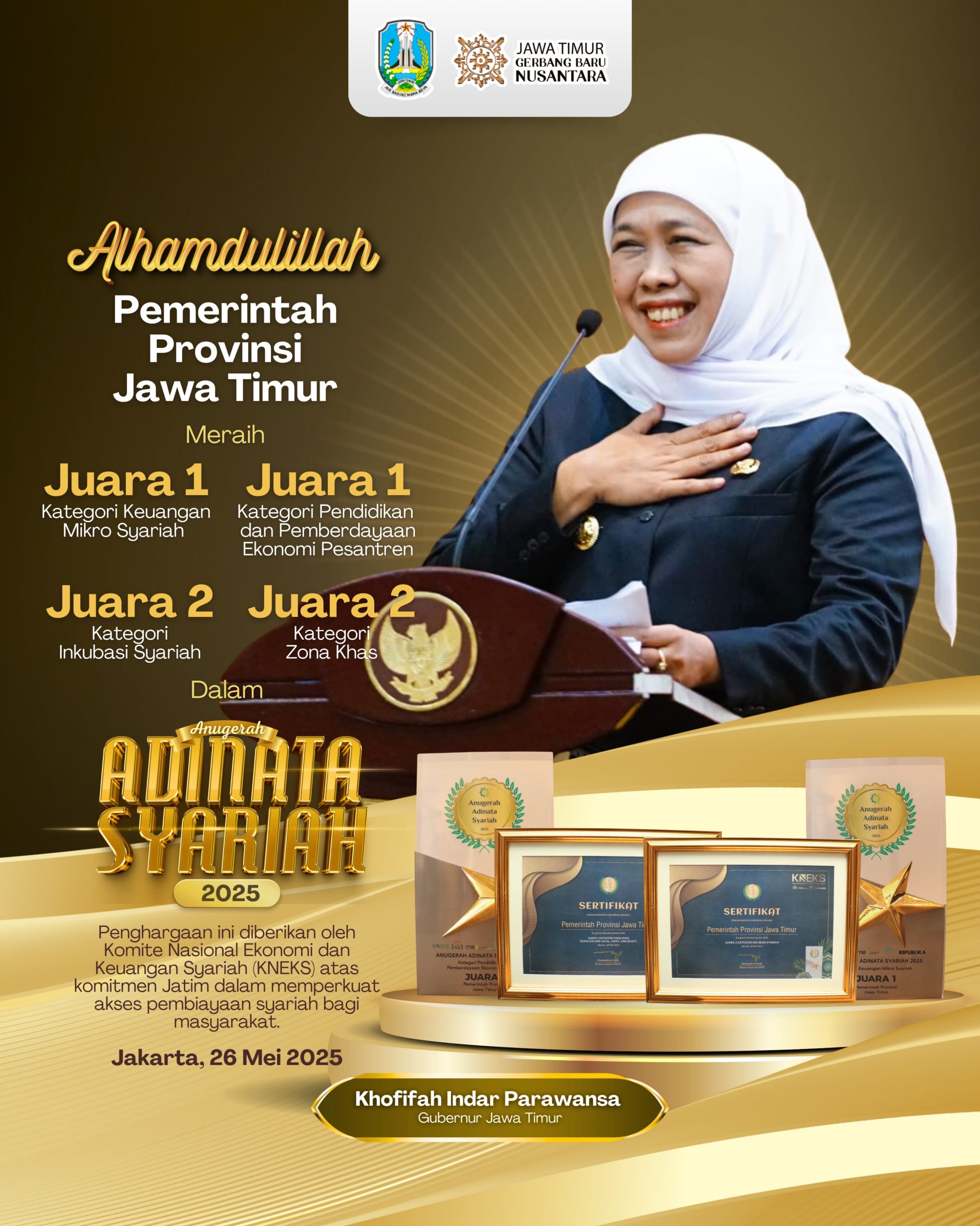 Borong 10 Penghargaan Anugerah Adinata Syariah 2025, Gubernur Khofifah Komitmen Perkuat Pondasi Ekonomi Syariah di Jatim