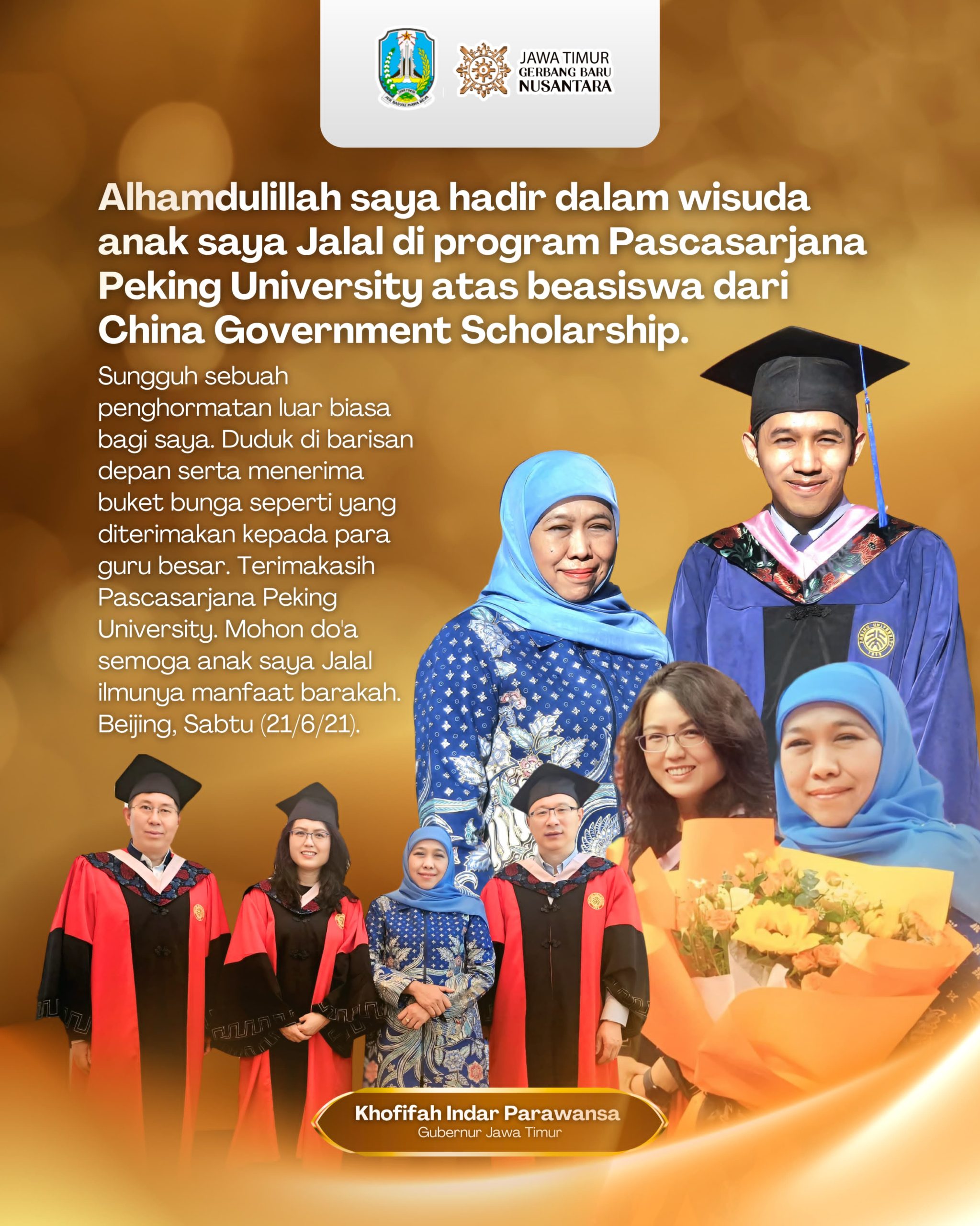 Hadiri Wisuda Sang Putra, Gubernur Khofifah Jadi Tamu Kehormatan  di Peking University Tiongkok