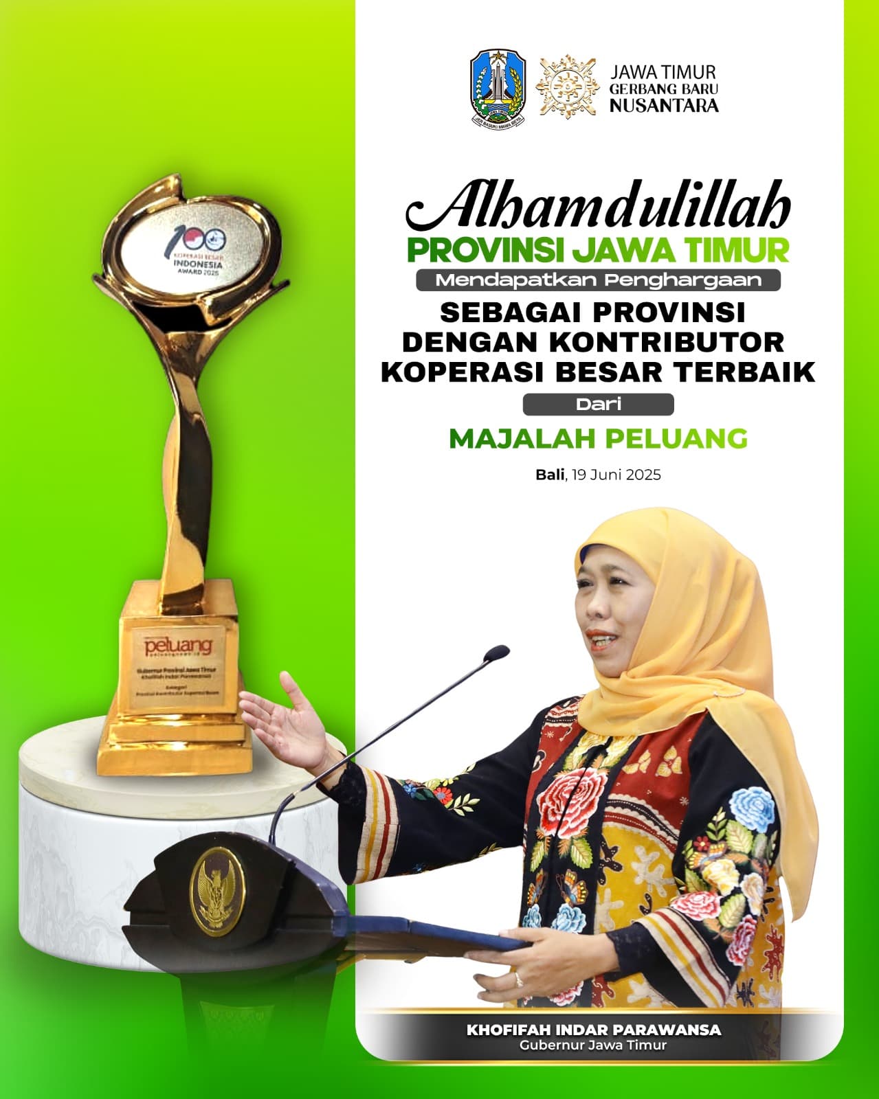 Raih Penghargaan Kontributor Koperasi Besar Terbaik, Gubernur Khofifah: 28.534 Koperasi di Jatim Gerakkan Ekonomi Kerakyatan