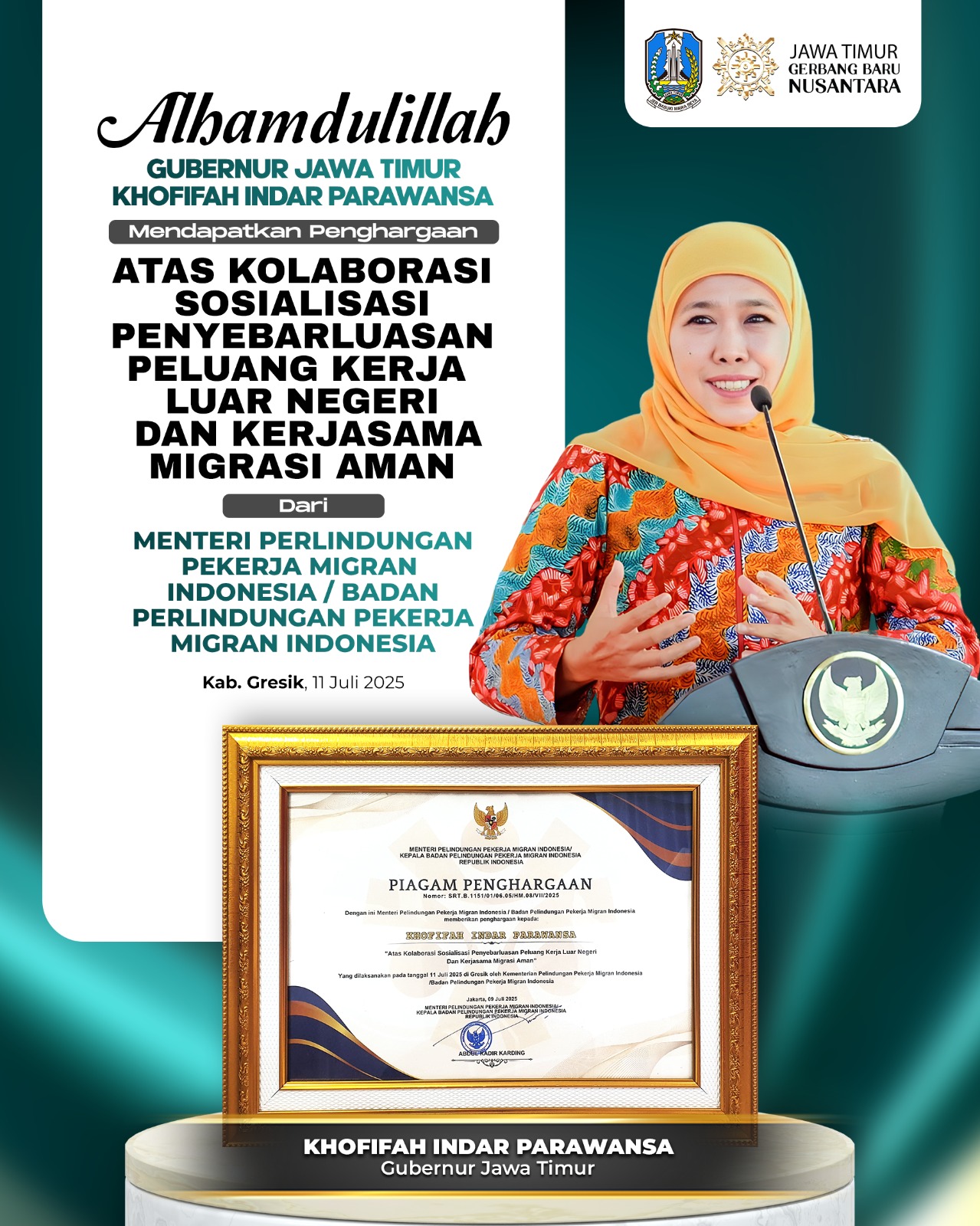 Jatim Terdepan dalam Lindungi Pekerja Migran, Gubernur Khofifah Raih Penghargaan Nasional