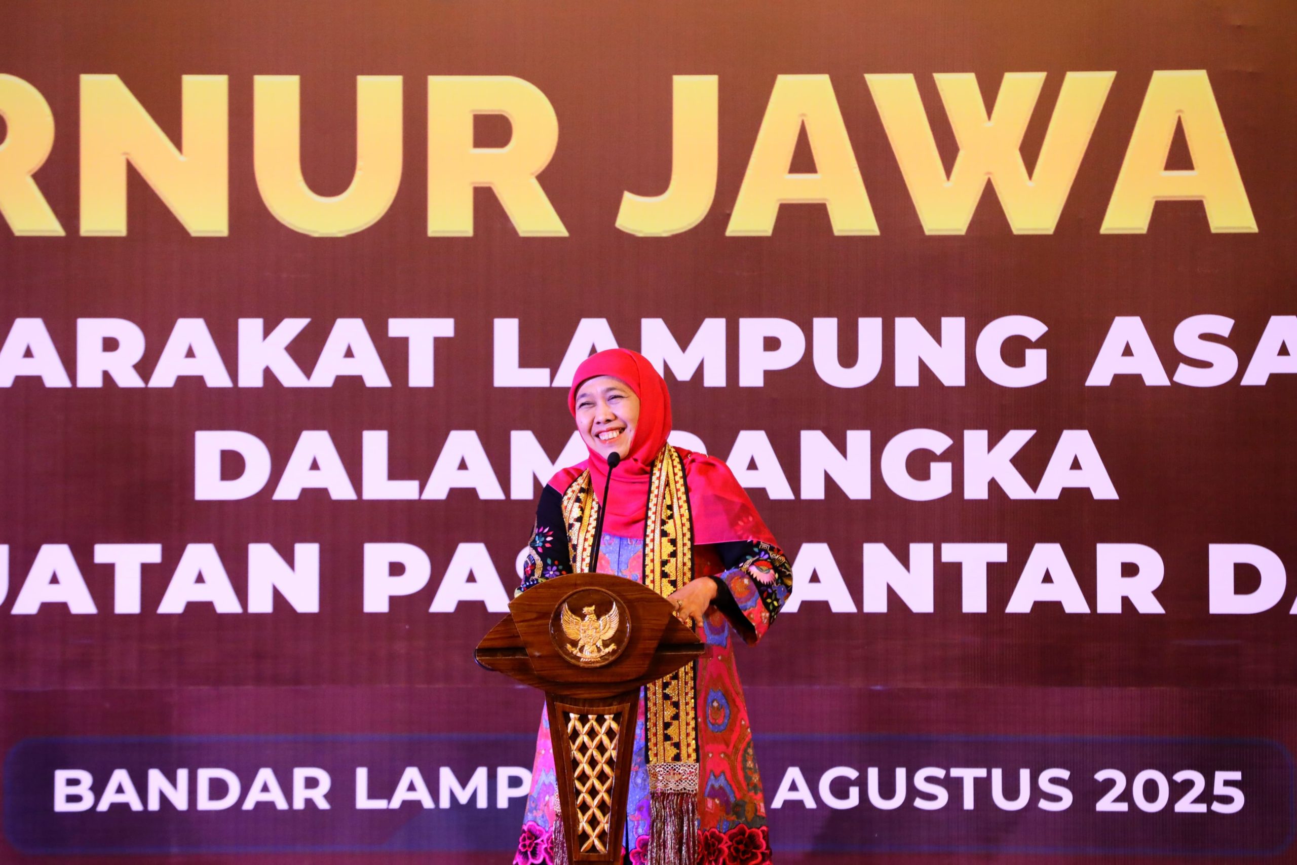 Perkuat Sinergi Antarprovinsi, Gubernur Khofifah Ajak Masyarakat Lampung Asal Jatim  Guyub Rukun Penuh Persaudaraan dan Persatuan