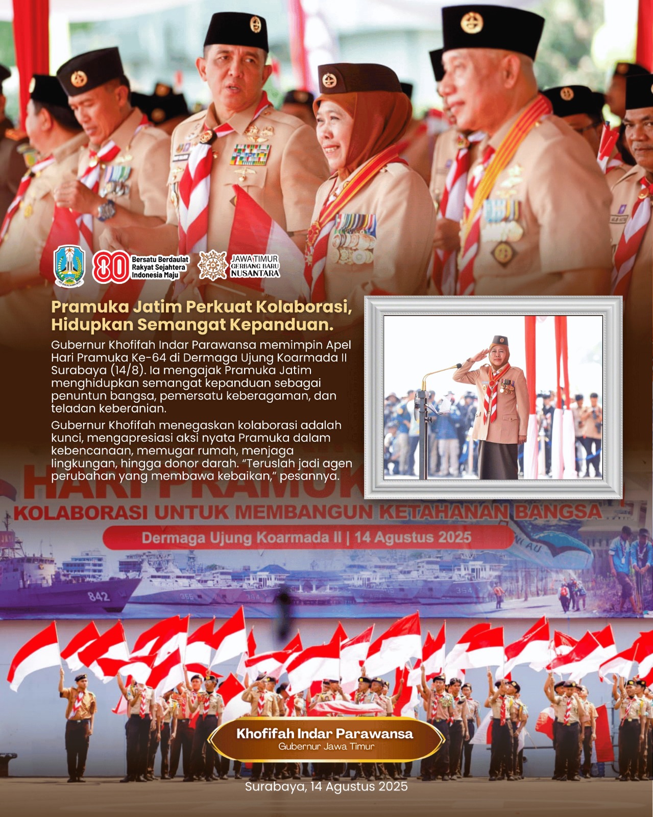 Gubernur Khofifah Pimpin Apel Hari Pramuka Ke-64, Ajak Pramuka Jatim Hidupkan Ruh Kepanduan untuk Wujudkan Ketahanan Bangsa