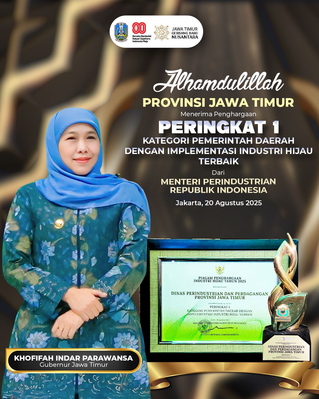 Gubernur Khofifah Terima Penghargaan dari Menteri Perindustrian RI, Peringkat Pertama Nasional dalam Implementasi Ekonomi Hijau