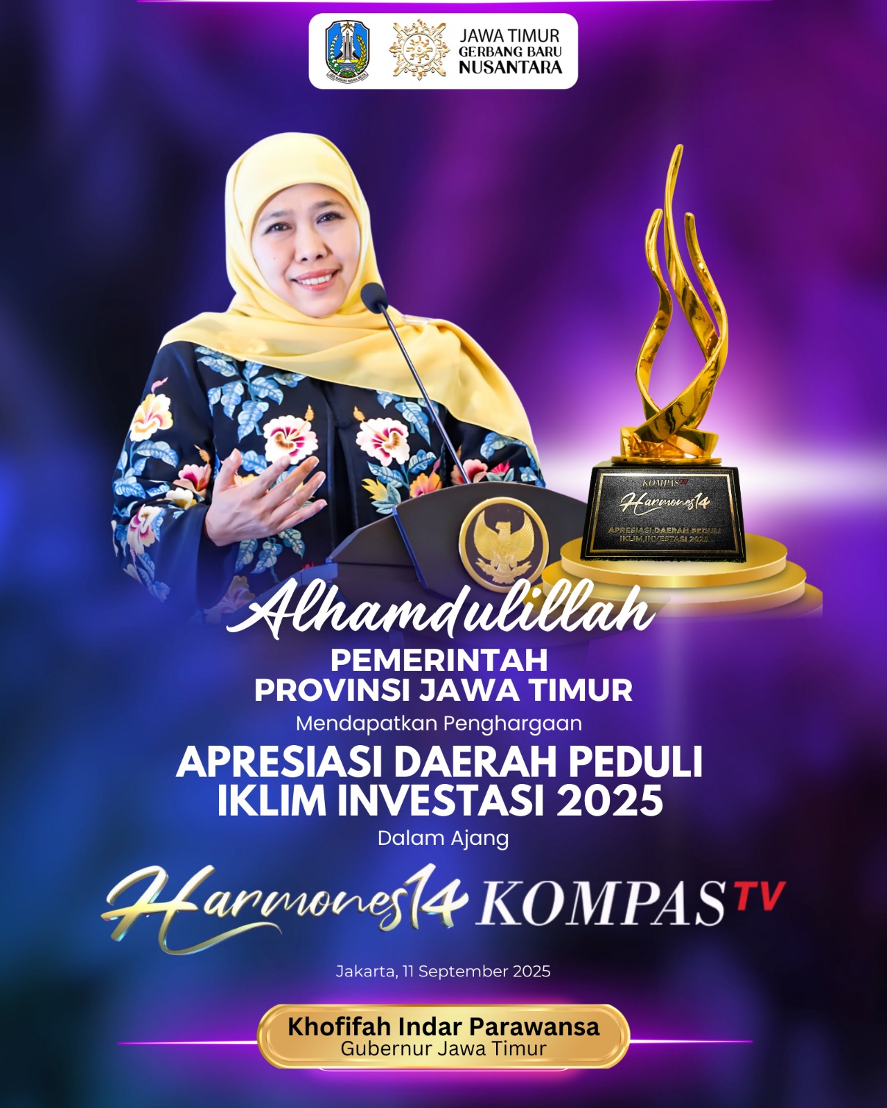 Gubernur Khofifah Terima Penghargaan Daerah Peduli Iklim Investasi di Harmones14 KompasTV