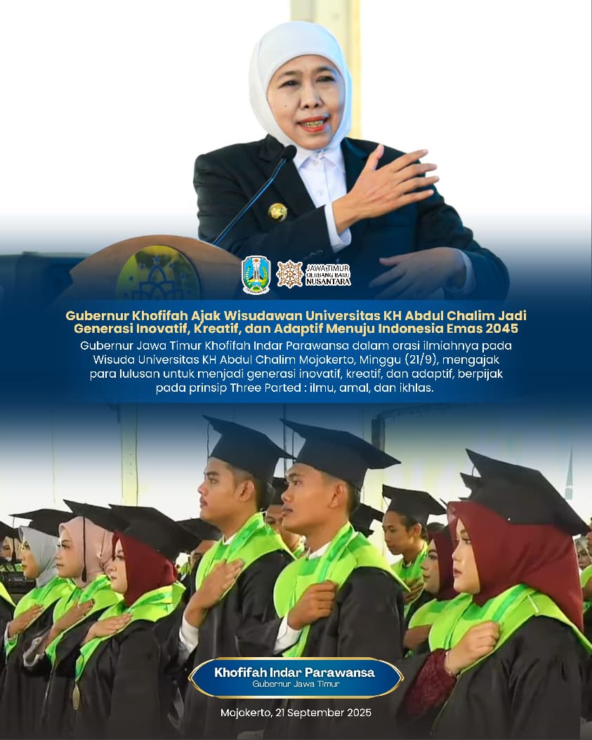 Gubernur Khofifah Ajak Wisudawan Universitas KH Abdul Chalim Menjadi Generasi Inovatif Berbasis Ilmu, Amal, dan Ikhlas