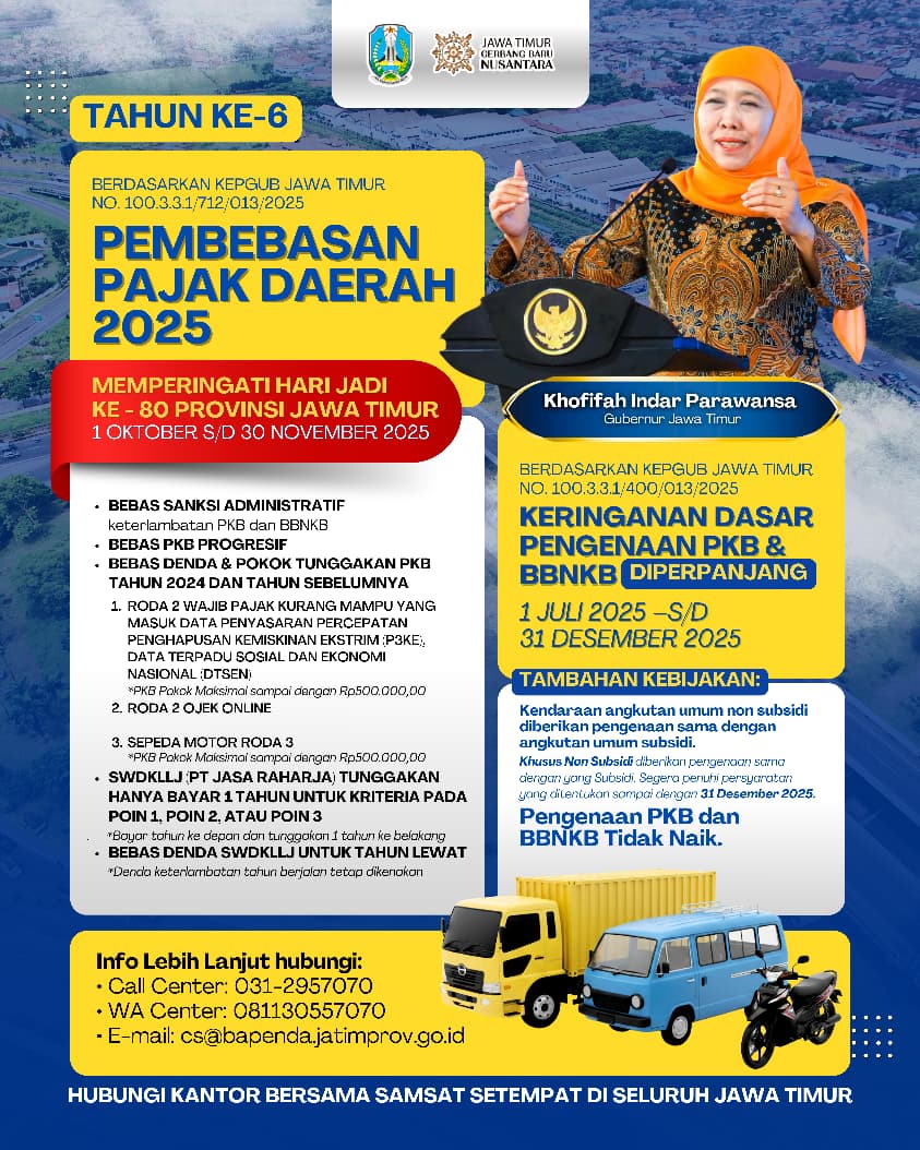 Gubernur Khofifah Umumkan Pembebasan Pajak Daerah Sebagai Hadiah Hari Jadi ke-80 Jawa Timur