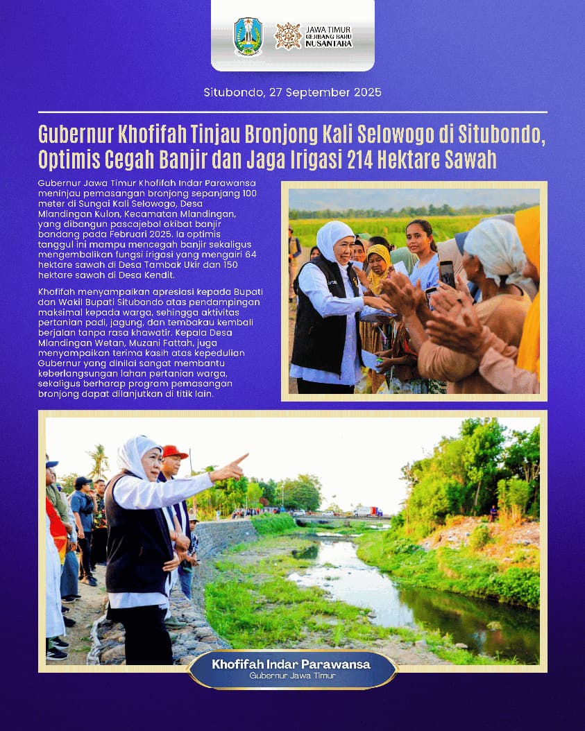 Cegah Banjir Bandang, Gubernur Khofifah Tinjau Bronjong Sungai Selowogo dan Plalangan yang Amankan 49 Ha Sawah