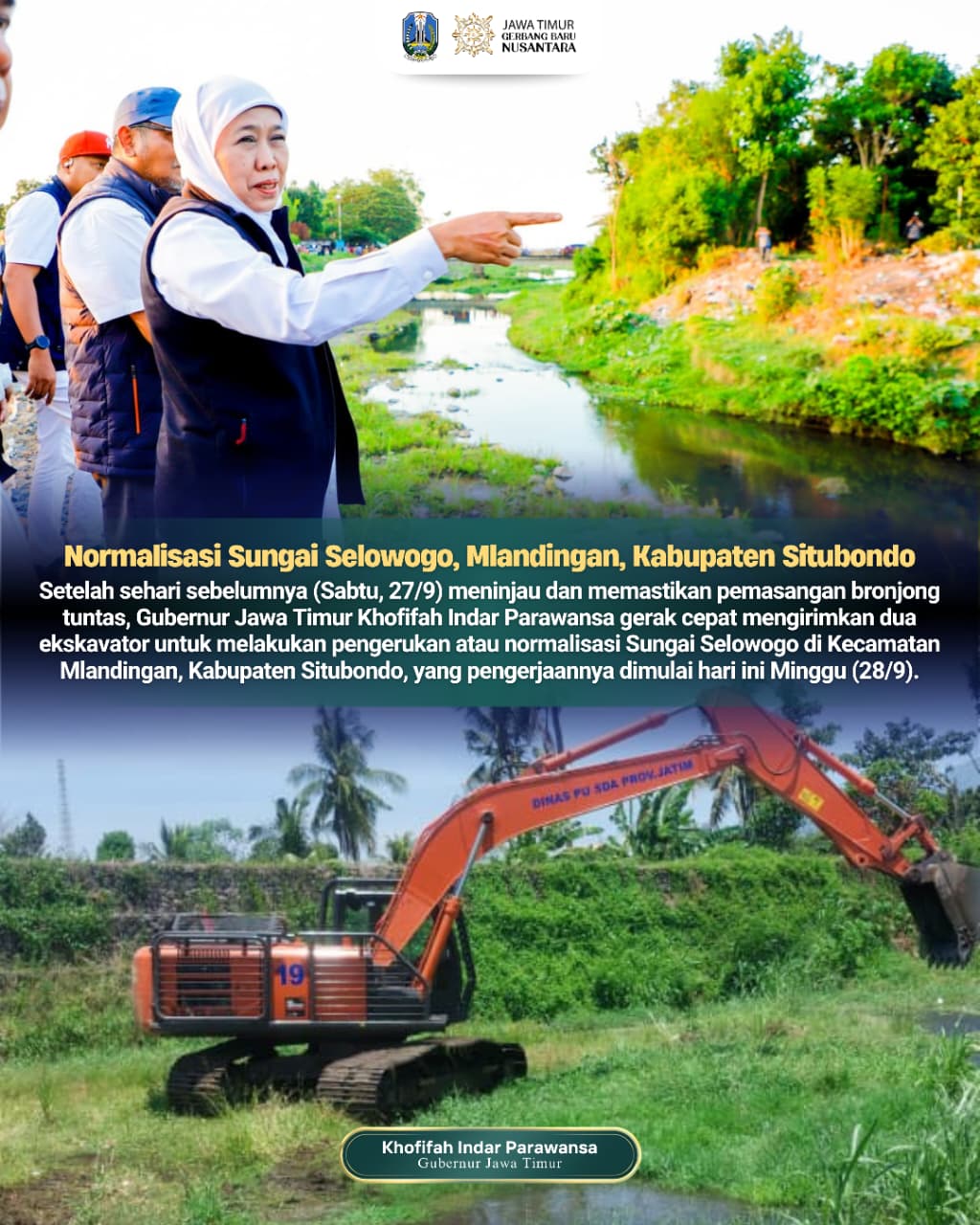 Gubernur Khofifah Kerahkan Dua Ekskavator Normalisasi Sungai Selowogo, Pastikan Irigasi Lancar dan Cegah Banjir Situbondo