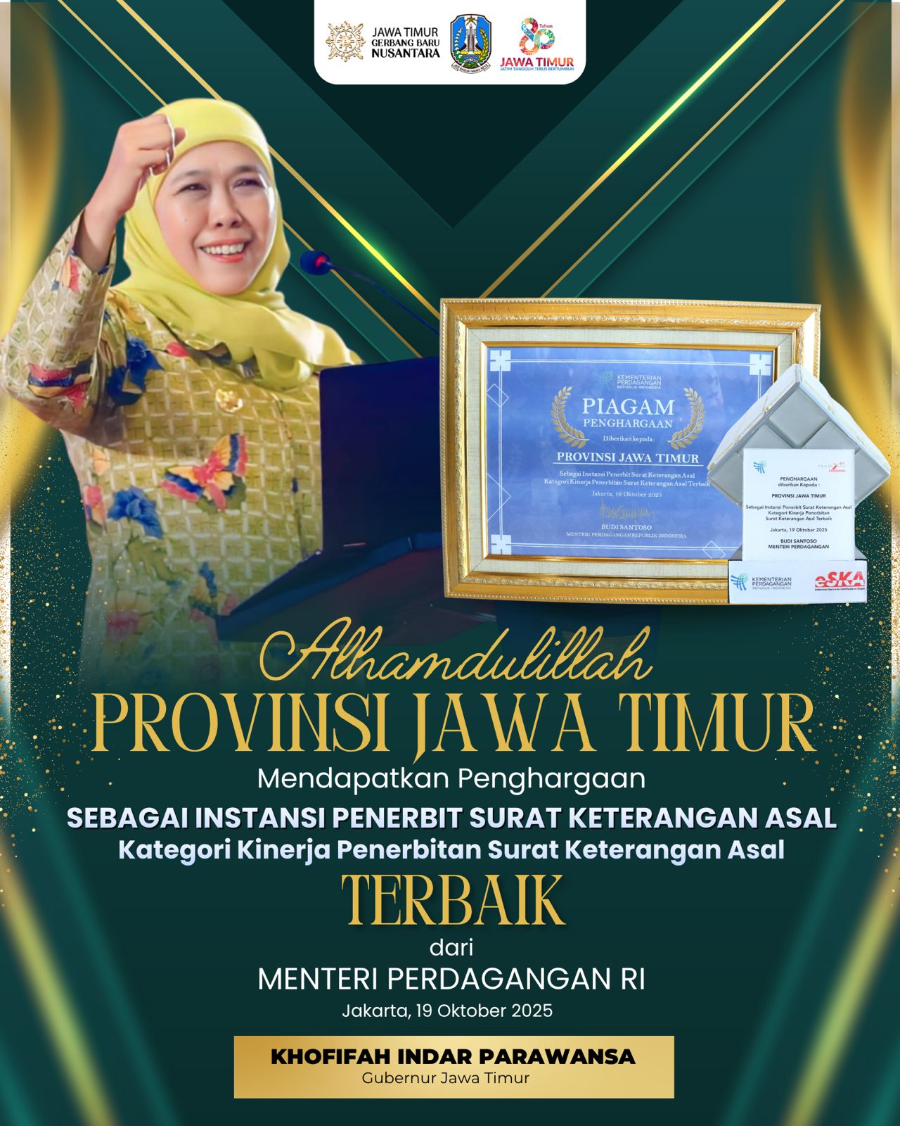 Gubernur Khofifah Bangga Pemprov Jatim Raih IPSKA Award 2025, Wujud Layanan Ekspor Cepat dan Efisien