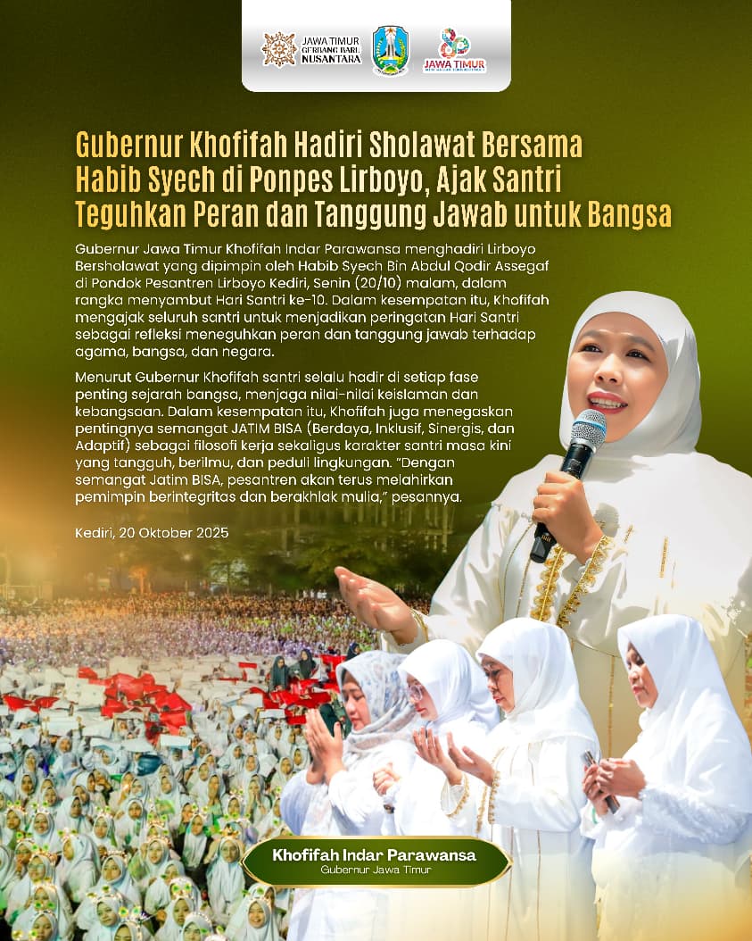 Gubernur Khofifah Hadiri Lirboyo Bersholawat Bersama Habib Syech, Ajak Santri Teguhkan Peran Mengawal Indonesia