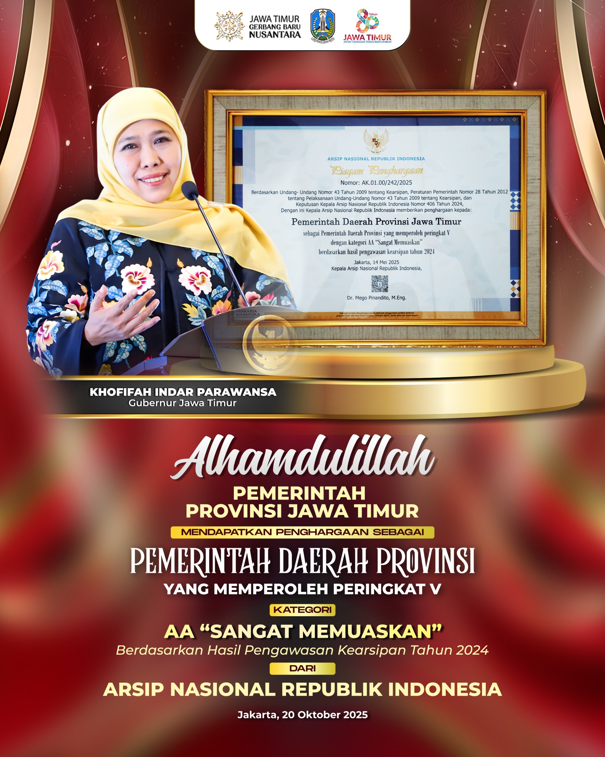 Gubernur Khofifah Tegaskan Penghargaan ANRI Jadi Bukti Kearsipan Jatim Transparan dan Modern