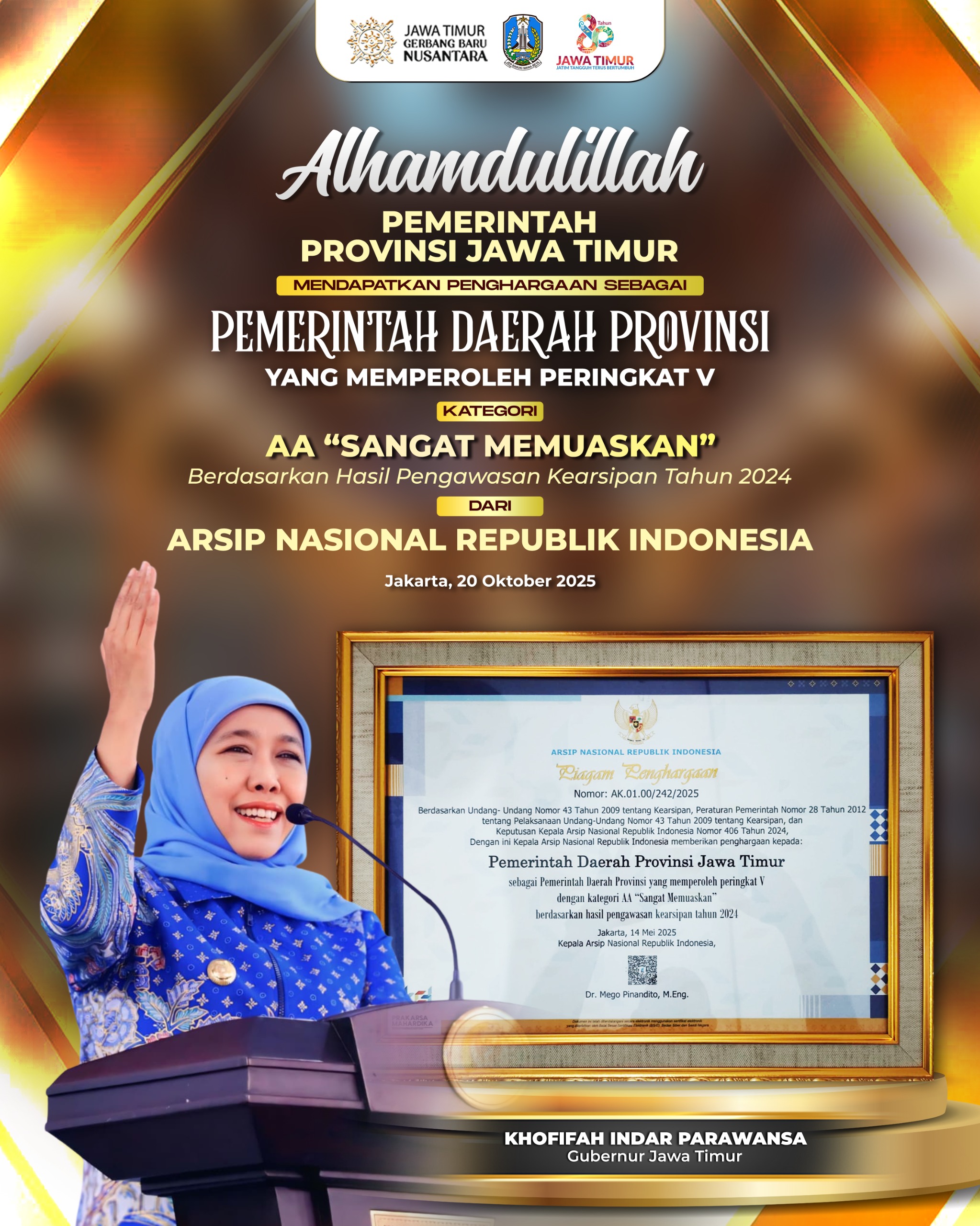 Gubernur Khofifah Bangga Jatim Raih Predikat Tertinggi Pengawasan Kearsipan dari ANRI