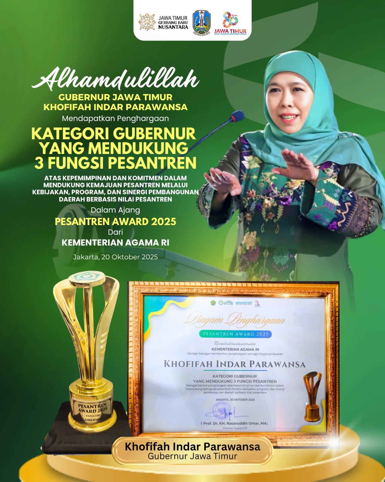 Gubernur Khofifah Raih Penghargaan Pesantren Award 2025, Bukti Komitmen Majukan Dunia Santri