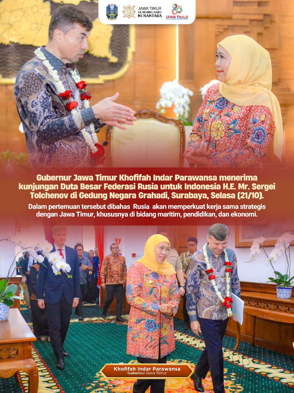 Gubernur Khofifah Terima Dubes Rusia, Bahas Penguatan Kerjasama Maritim dan Pendidikan di Jawa Timur