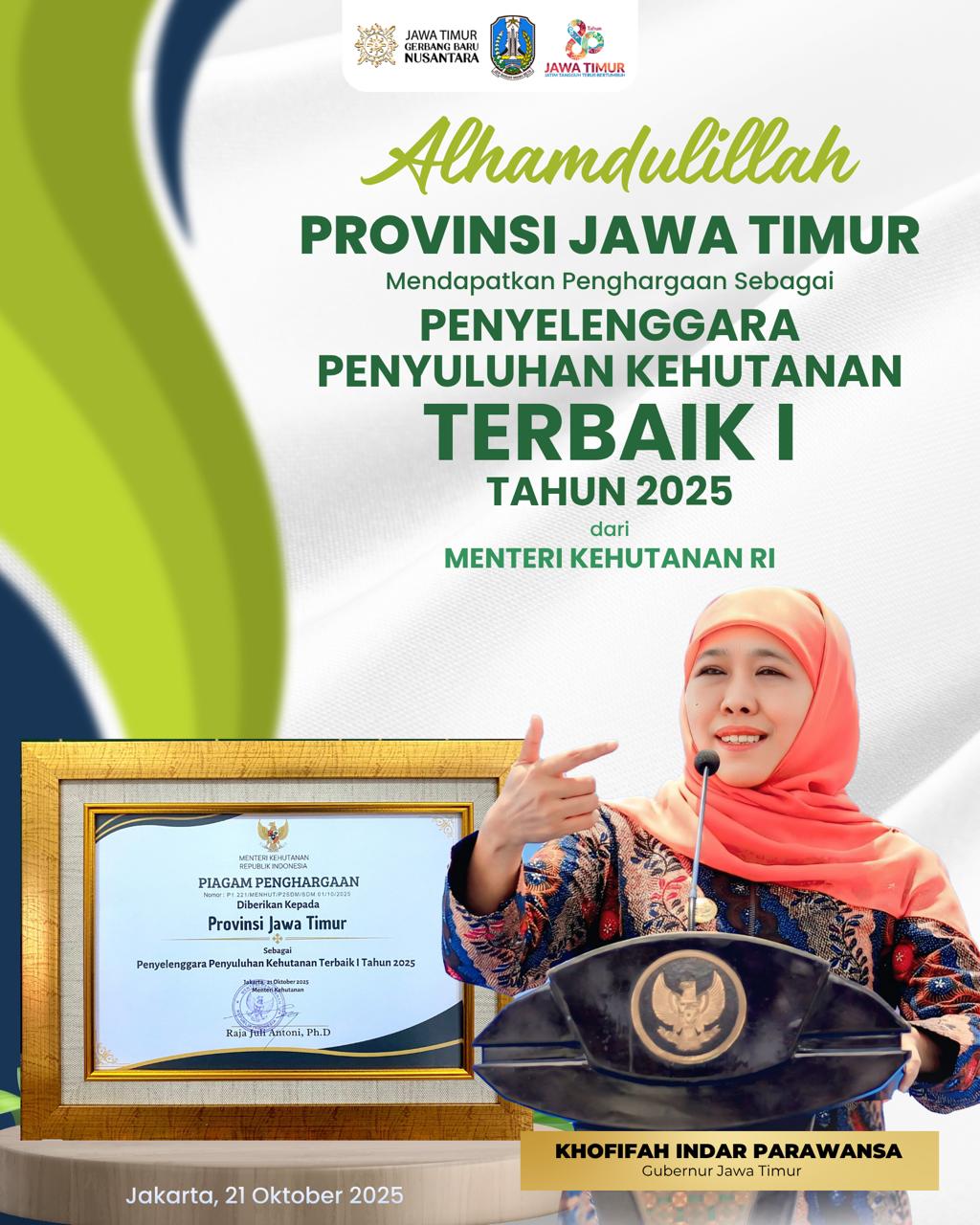 Gubernur Khofifah Terima Penghargaan Terbaik Nasional Penyuluhan Kehutanan, Jatim Catat NTE Tertinggi Rp1,26 Triliun