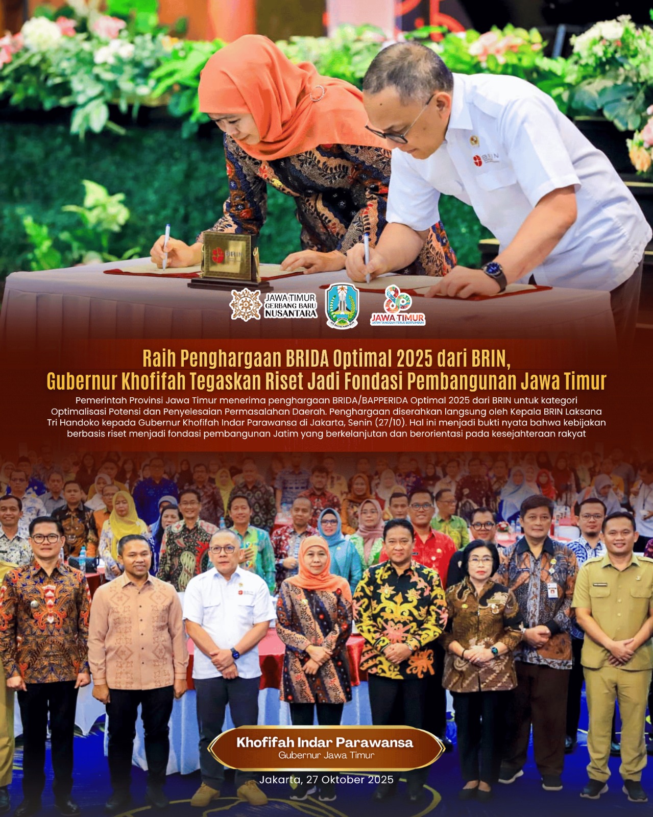 Gubernur Khofifah Terima Penghargaan BRIN, Tegaskan Riset dan Inovasi Jadi Arah Pembangunan Jawa Timur