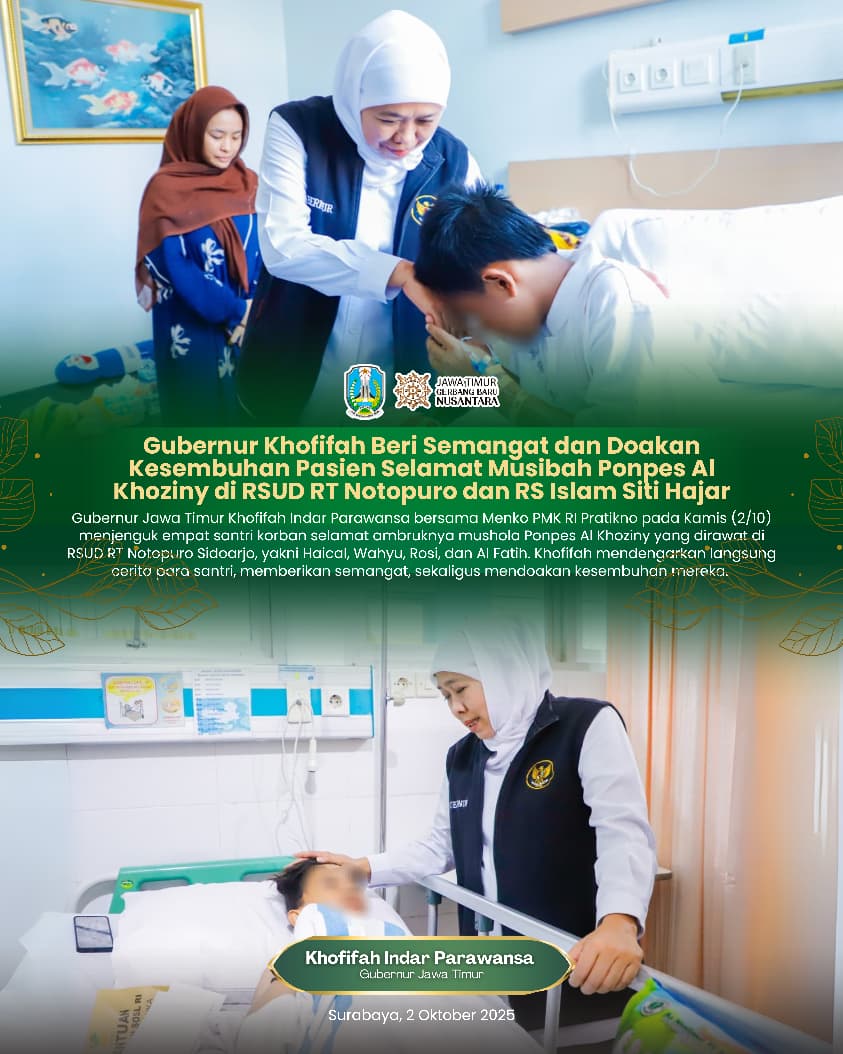 Gubernur Khofifah Jenguk Santri Selamat Musibah Ponpes Al Khoziny, Doakan Kesembuhan dan Kuatkan Semangat Mereka