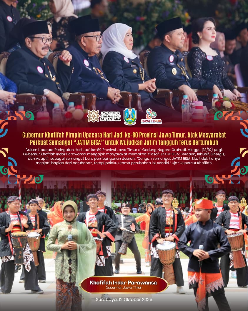 Pimpin Upacara Hari Jadi ke-80 Jatim, Gubernur Khofifah Tegaskan Semangat “JATIM BISA” sebagai Ruh Pembangunan Daerah