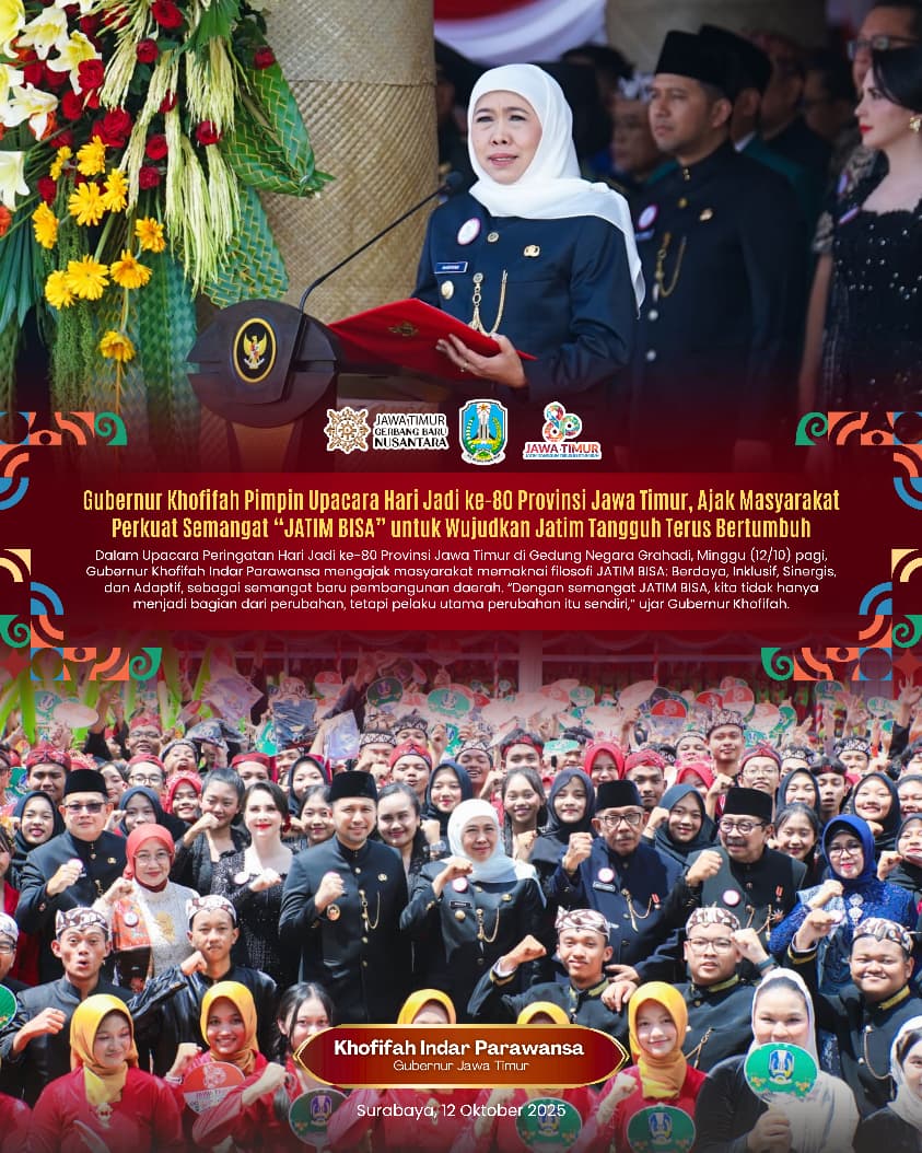 Gubernur Khofifah Serukan Kolaborasi dan Ketangguhan di Hari Jadi ke-80, Jatim Siap Jadi Gerbang Baru Nusantara