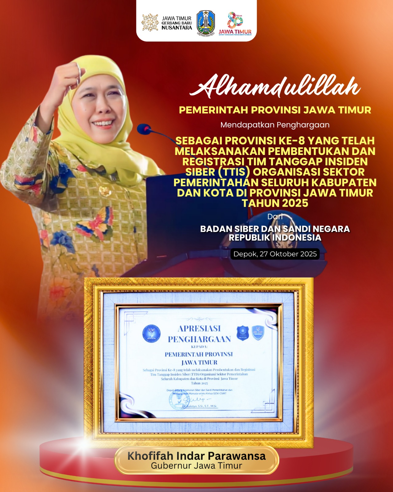 Gubernur Khofifah Diganjar Penghargaan BSSN, Bukti Komitmen Jatim Perkuat Ketahanan dan Keamanan Siber Daerah