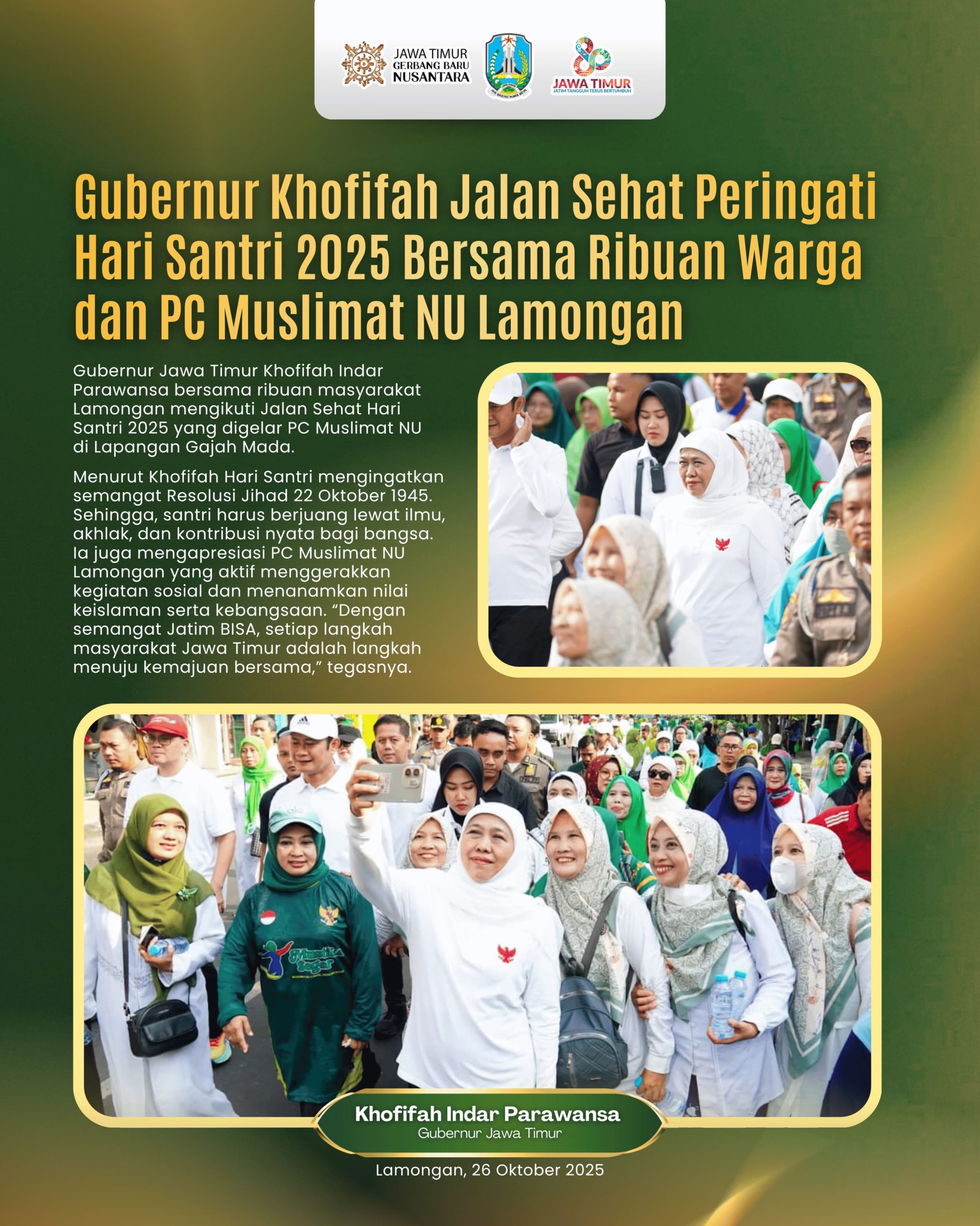 Gubernur Khofifah Bersama Ribuan Warga Lamongan Jalan Sehat, Tegaskan Santri Garda Moral Pembangunan Nasional