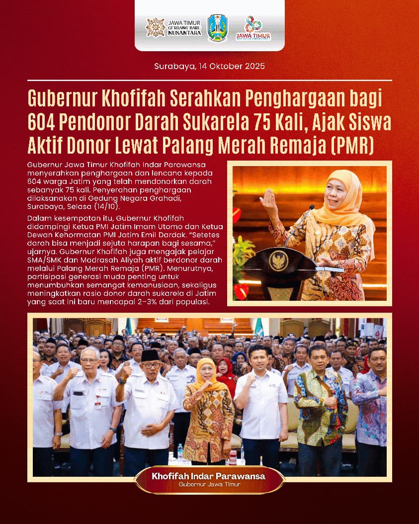 Gubernur Khofifah Apresiasi 604 Pendonor Darah Sukarela, Ajak Siswa Jadi Pejuang Kemanusiaan Lewat PMR