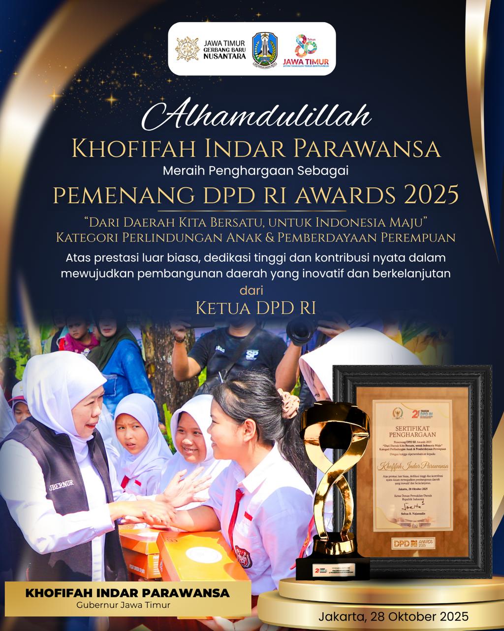 Gubernur Khofifah Raih DPD RI Awards 2025, Bukti Komitmen Jatim dalam Perlindungan Anak dan Pemberdayaan Perempuan