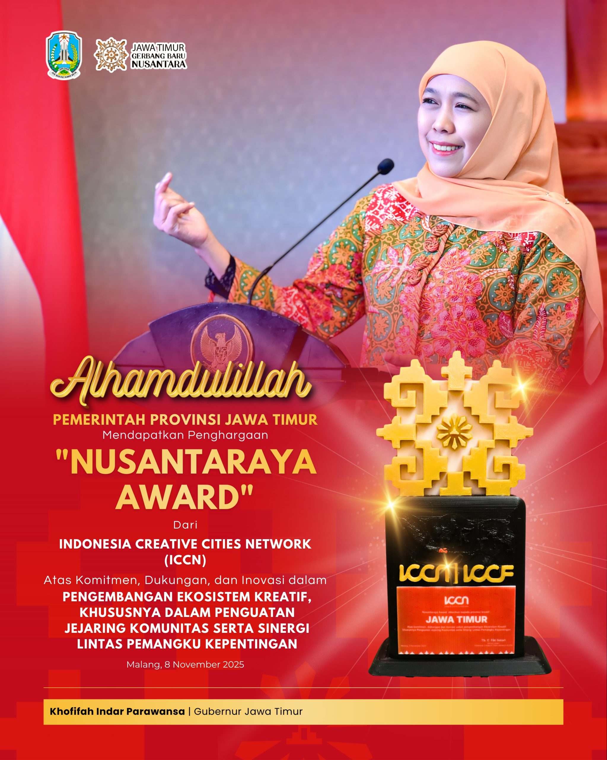 Gubernur Khofifah Tegaskan Jatim Surga Ekonomi Kreatif Indonesia Setelah Raih Pengakuan ICCN di ICCF 2025