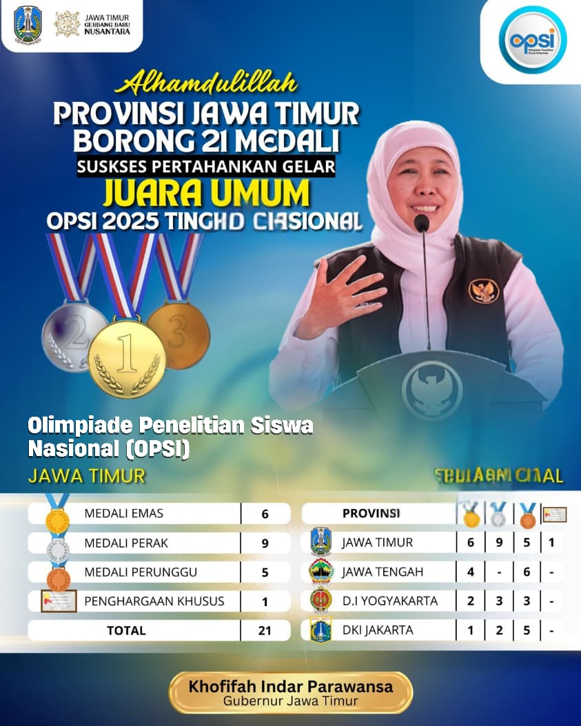 Gubernur Khofifah Apresiasi 21 Medali OPSI 2025, Tegaskan Potensi Riset Siswa Jatim untuk Inovasi Masa Depan