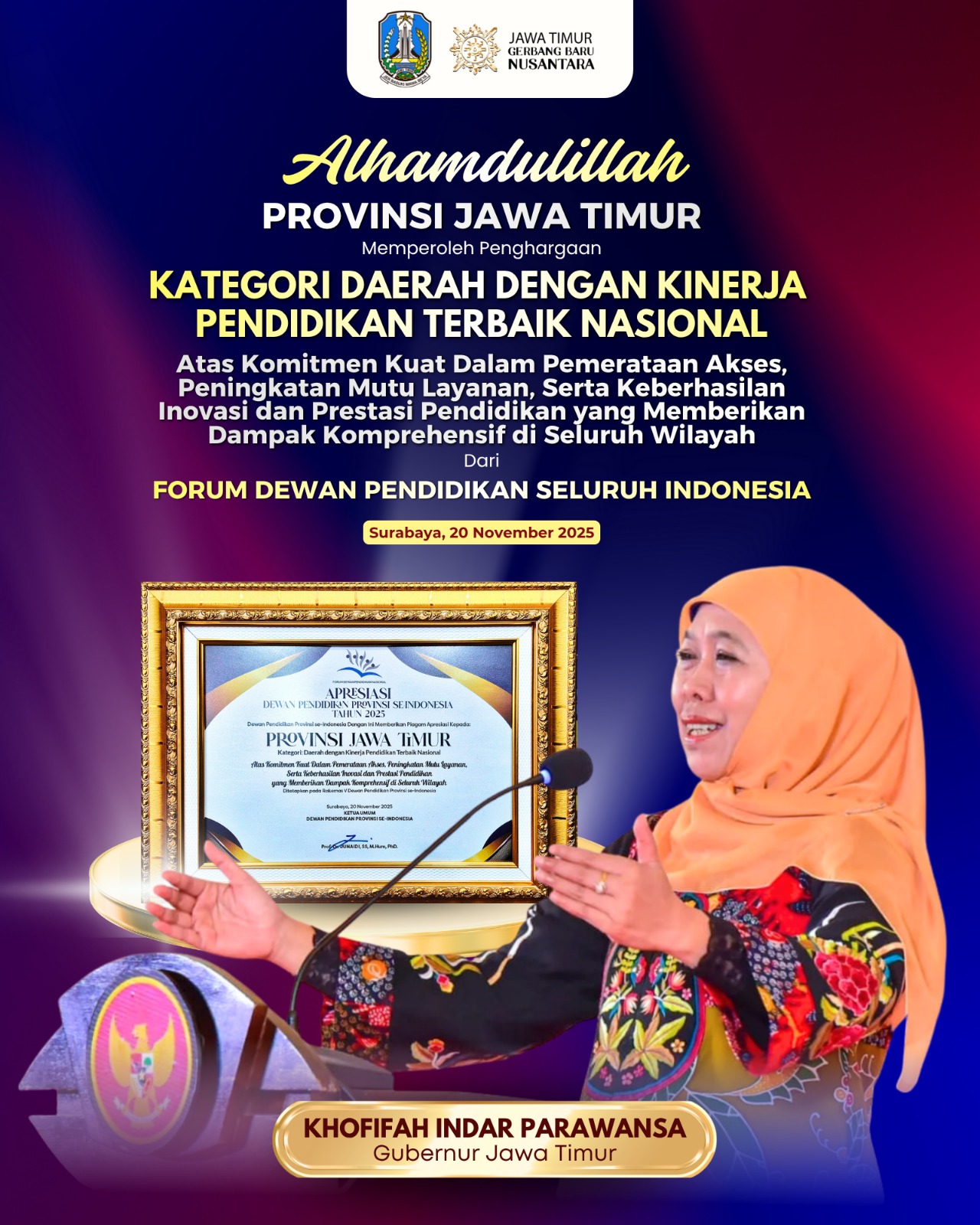 Gubernur Khofifah Komitmen Perkuat Mutu Pendidikan, Jatim Diakui Berkinerja Terbaik Tingkat Nasional