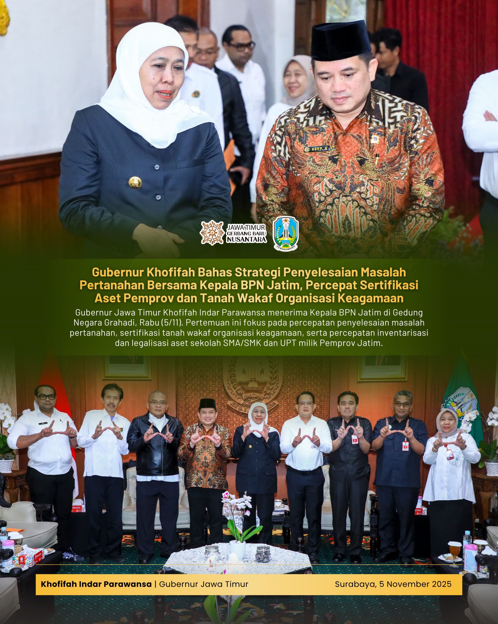 Gubernur Khofifah Percepat Penyelesaian Aset Pertanahan di Jatim Bersama BPN, Sertifikasi Wakaf Jadi Prioritas Utama