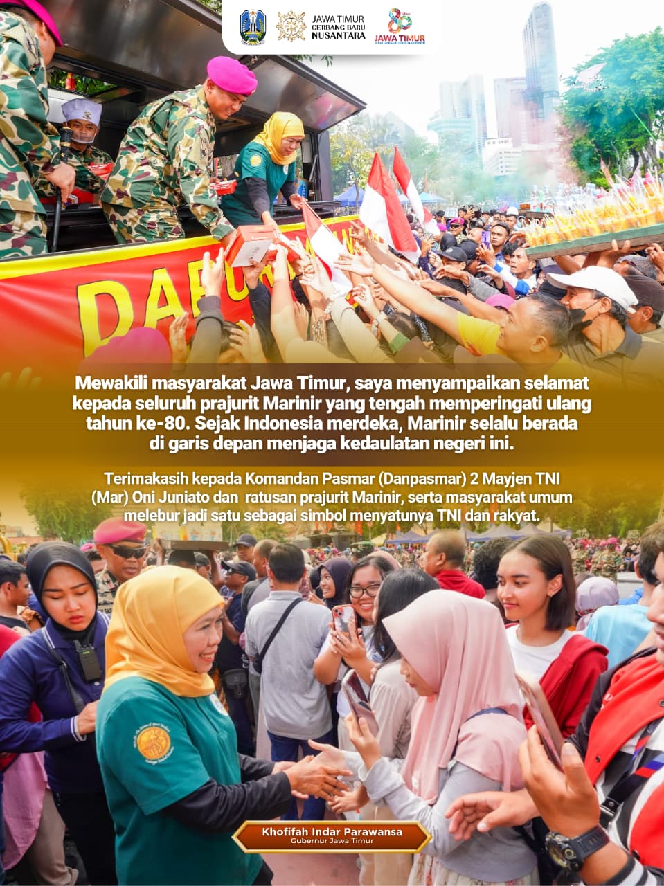 Gubernur Khofifah: HUT ke-80 Korps Marinir Jadi Momentum Meneguhkan Peran Strategis Pertahanan Maritim Nasiona