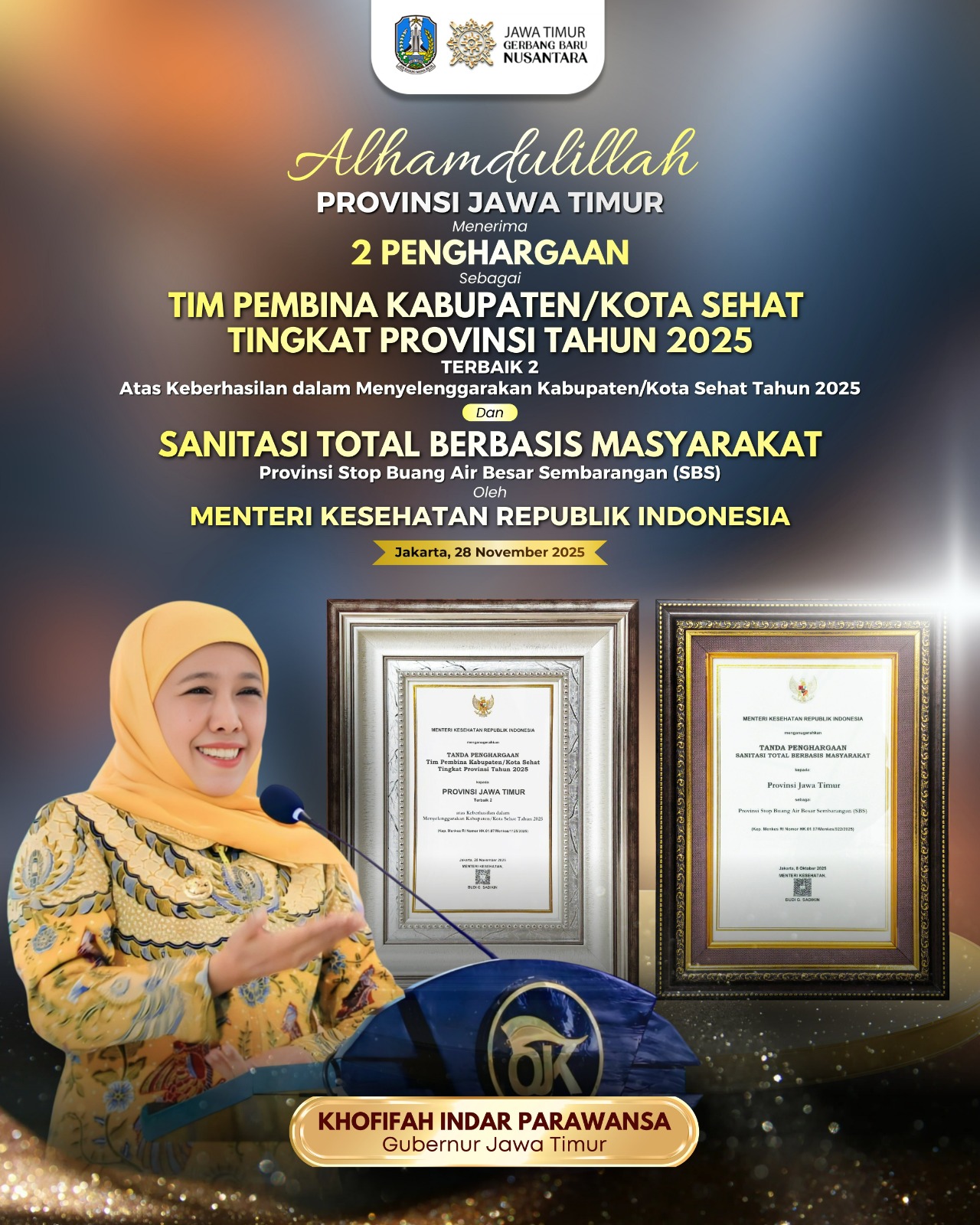 Dua Penghargaan Nasional dari Kemenkes, Gubernur Khofifah Tegaskan Keberhasilan Jatim Capai ODF 100% dan Peningkatan Kesehatan Lingkungan