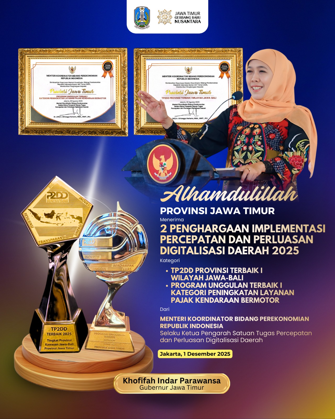 Gubernur Khofifah Tegaskan Digitalisasi Fiskal Makin Terukur, Jatim Sabet TP2DD Terbaik Kawasan Jawa–Bali 2025