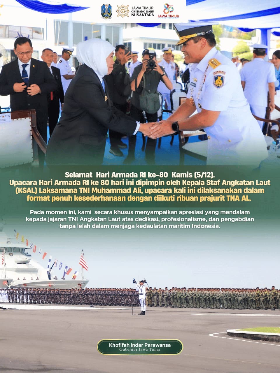 Gubernur Khofifah Apresiasi Peran TNI AL sebagai Garda Maritim dan Mitra Kemanusiaan Indonesia