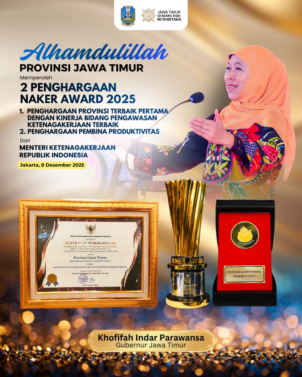 Gubernur Khofifah Borong Dua Penghargaan di Naker Award 2025, Tegaskan Komitmen Ciptakan Iklim Industri Aman dan Produktif