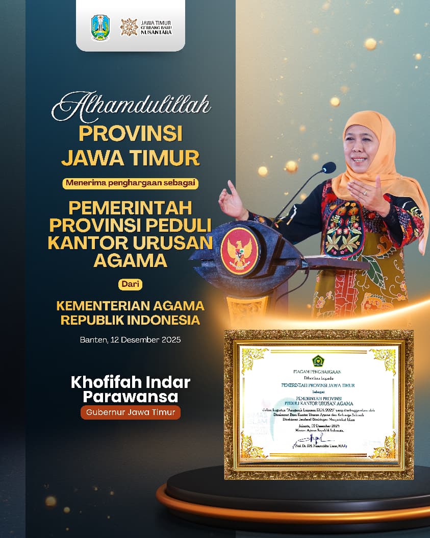Gubernur Khofifah Raih Penghargaan Provinsi Peduli KUA dari Kemenag RI, Dorong Penguatan Layanan KUA untuk Ketahanan Keluarga di Jatim