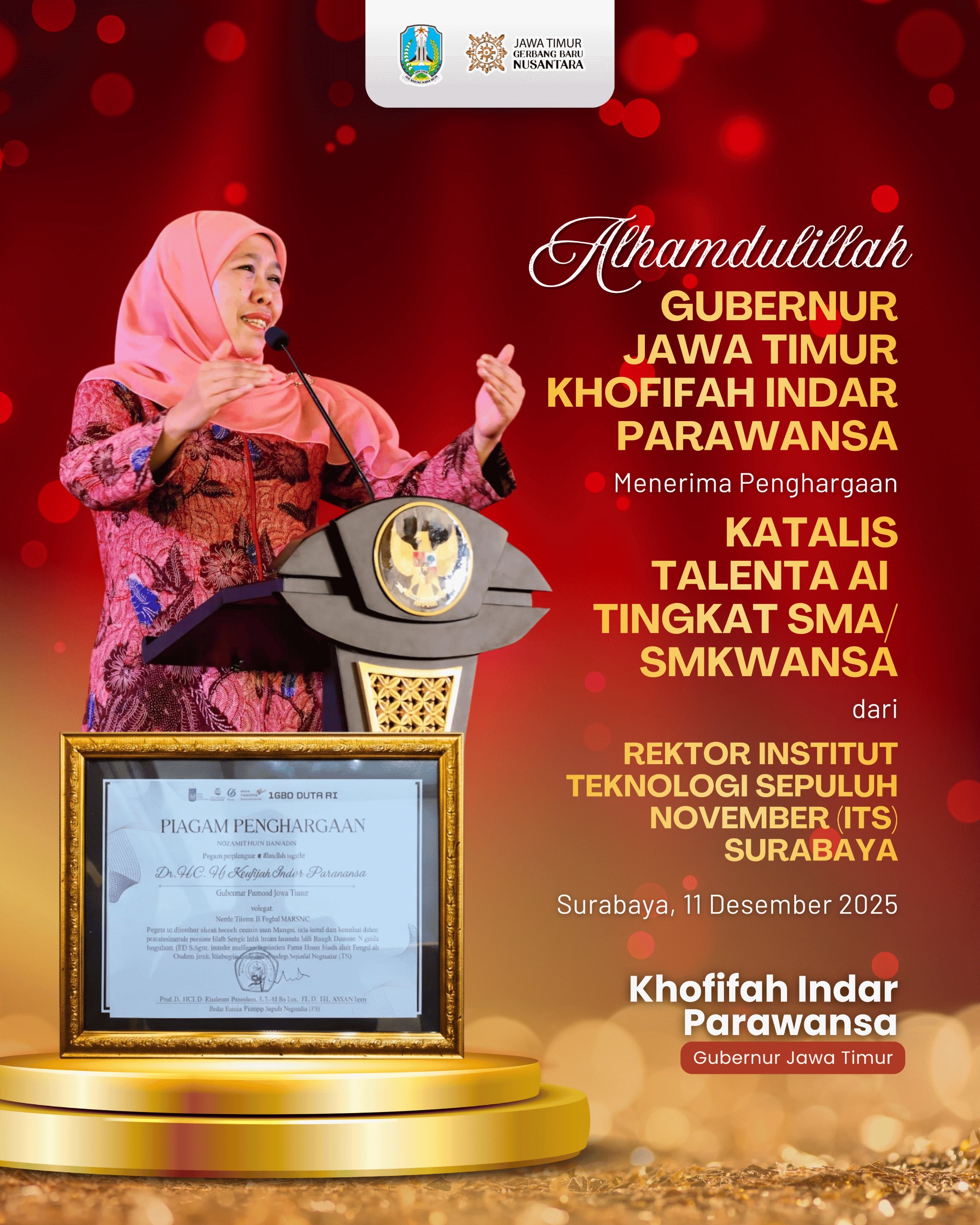 Gubernur Khofifah Terima Penghargaan Katalis Talenta AI SMA/SMK dari ITS, Dorong Siswa Jatim Jadi Inovator Teknologi Masa Depan