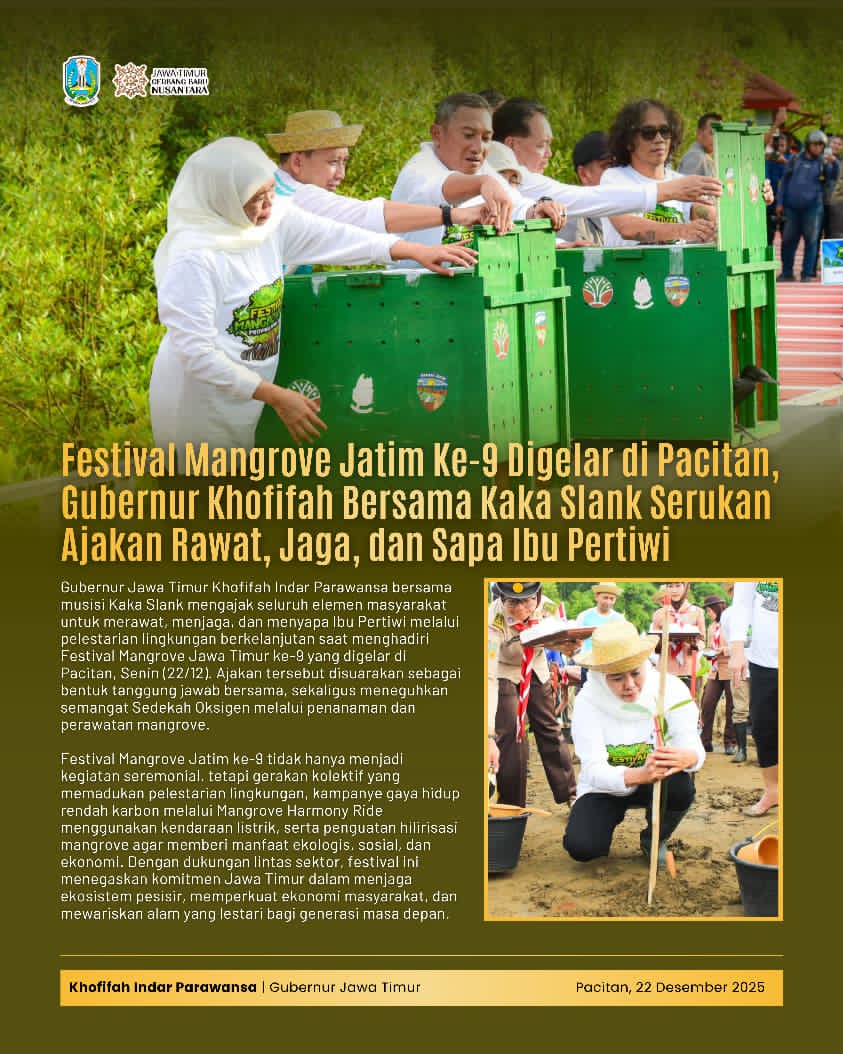 Gubernur Khofifah Bersama Kaka Slank Serukan Rawat Ibu Pertiwi Lewat Festival Mangrove Jatim Ke-9 di Pacitan