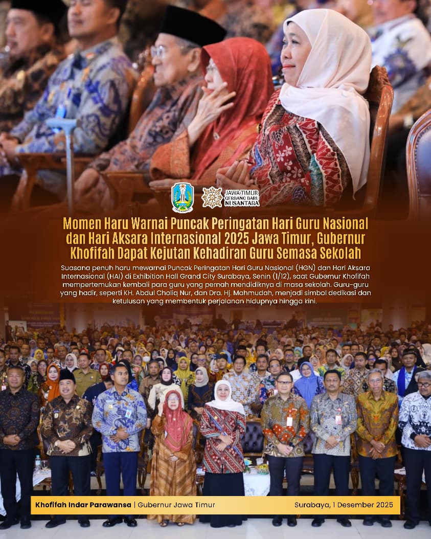 Gubernur Khofifah Terharu Disambut Guru Semasa Sekolah pada Puncak HGN–HAI 2025, Apresiasi Peran Guru sebagai Penggerak Prestasi Jatim