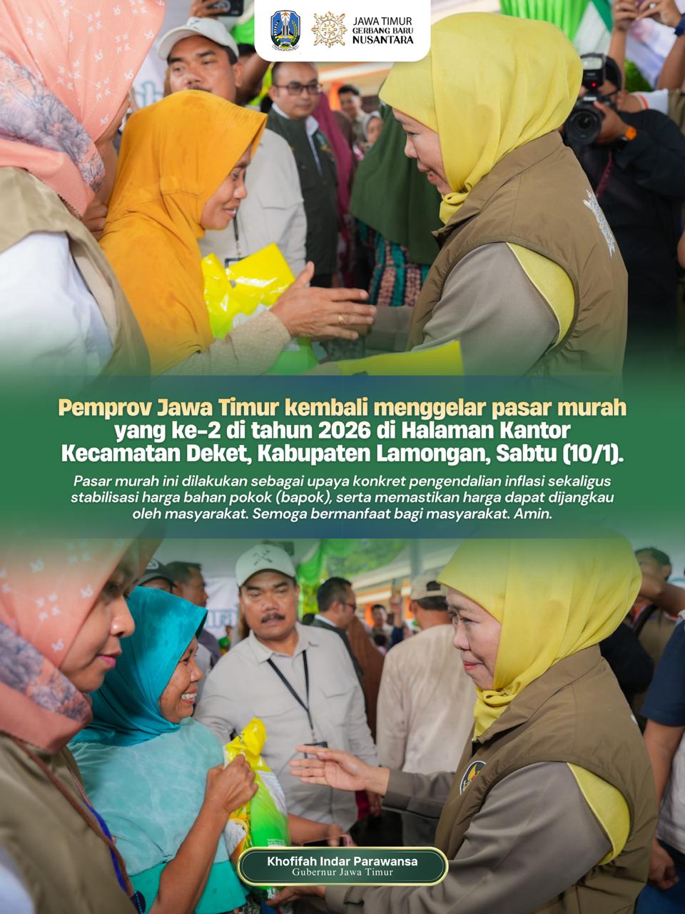 Gubernur Khofifah Kembali Gelar Pasar Murah di Lamongan untuk Jaga Harga Bahan Pokok Tetap Terjangkau