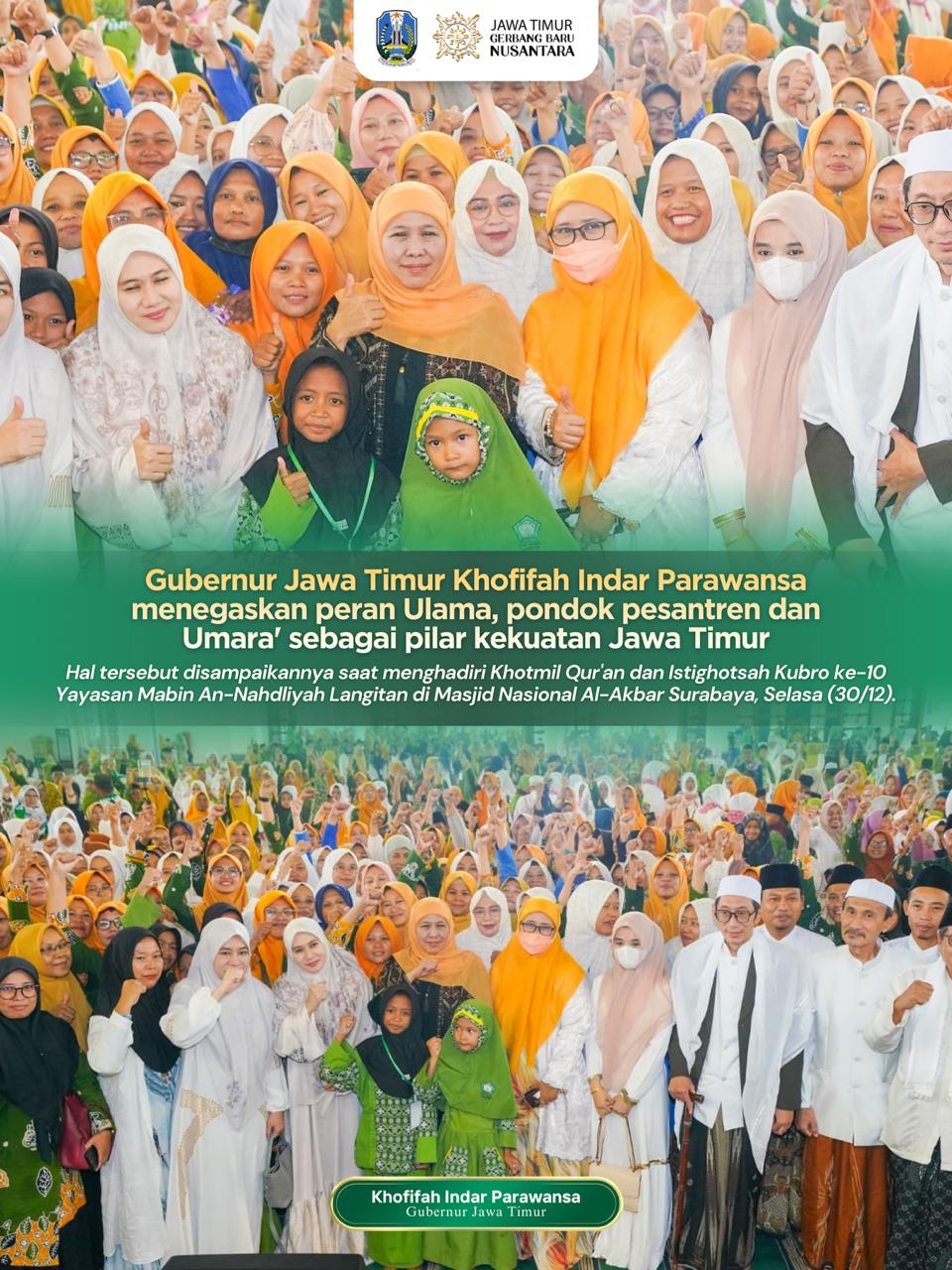 Gubernur Khofifah Hadiri Istighotsah Kubro, Bawa Kisah Barakah Rumi–Mehanna sebagai Penguat Narasi Cahaya Jawa Timur