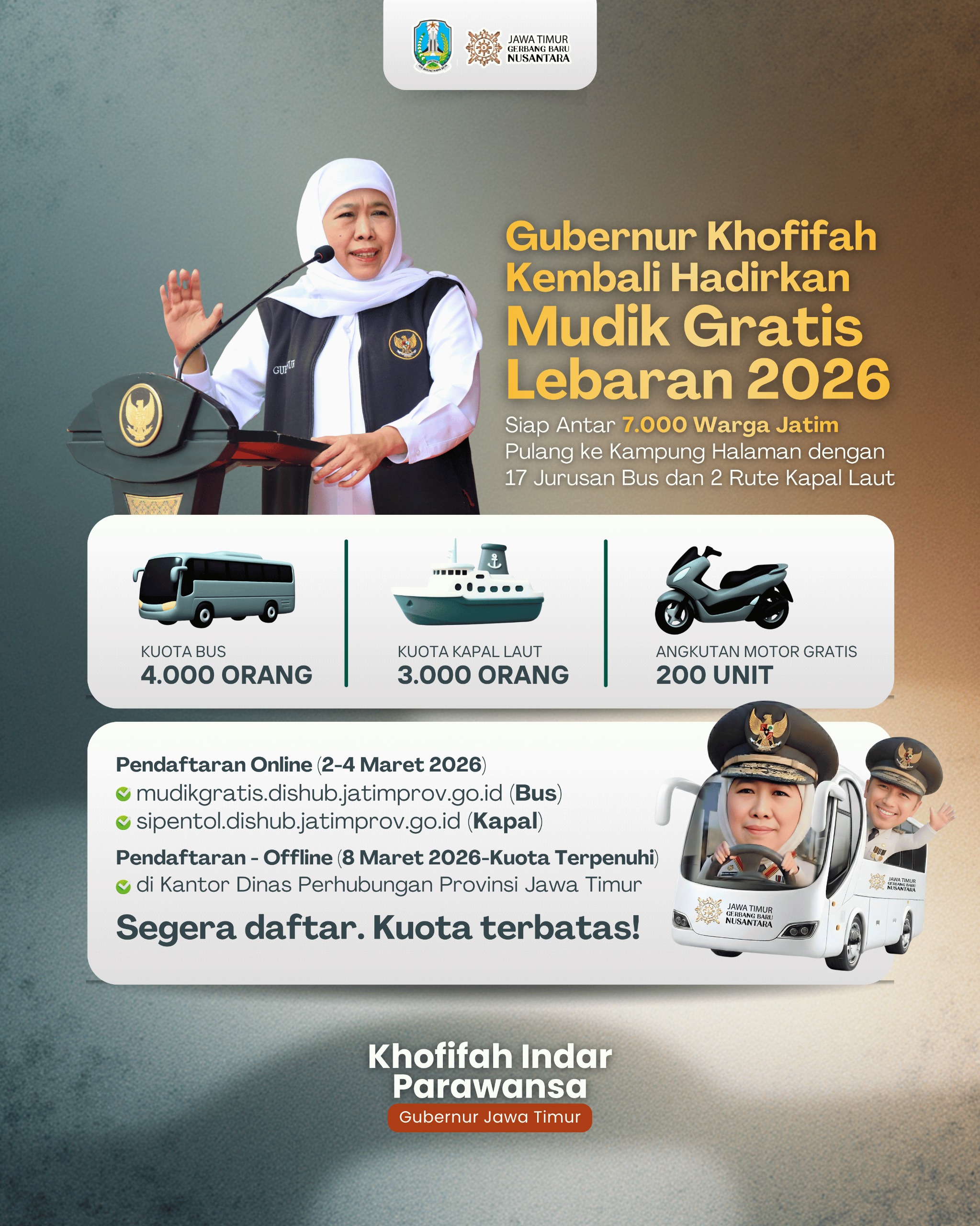 Gubernur Khofifah Gelar Mudik Gratis Darat dan Laut, Berangkat Mulai 8 hingga 19 Maret 2026