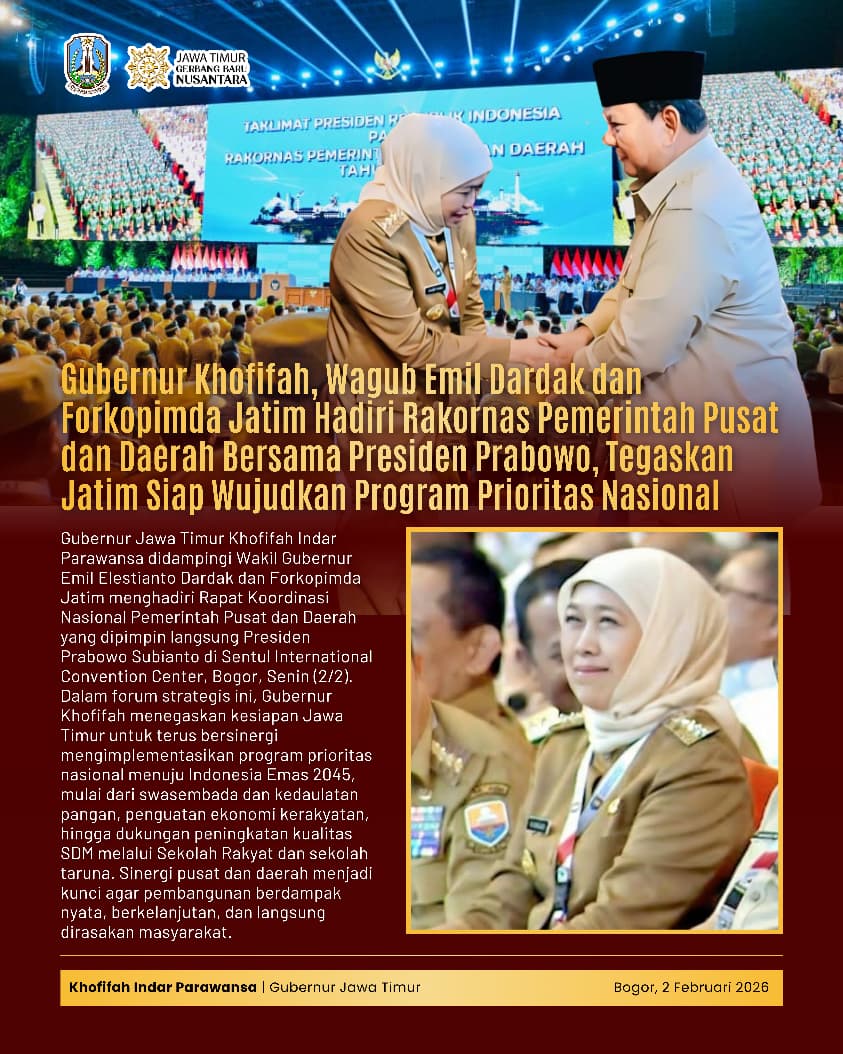 Gubernur Khofifah Bersama Wagub Emil Hadiri Rakornas, Perkuat Sinergi Pusat–Daerah untuk Indonesia Emas