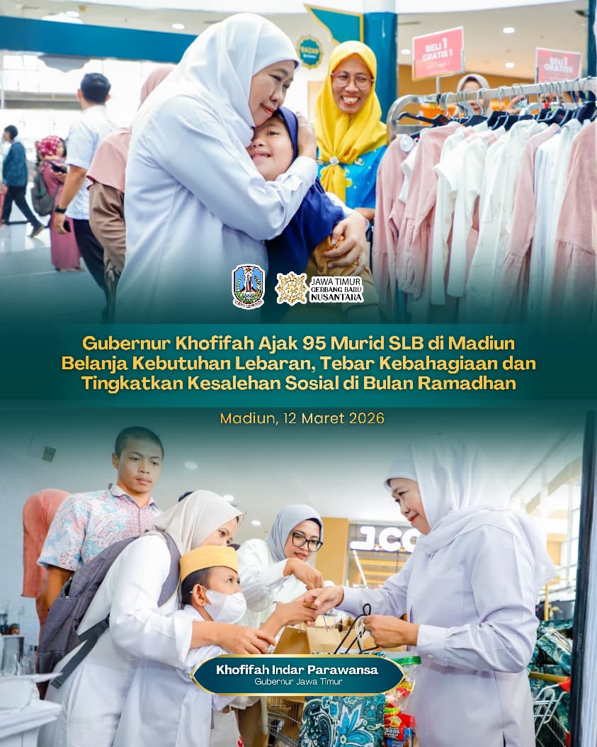 Gubernur Khofifah Ajak Siswa SLB di Madiun Belanja Lebaran dan Beri Uang Saku
