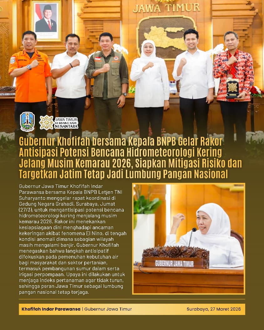 Gubernur Khofifah dan BNPB Siapkan Strategi Terpadu Antisipasi Kekeringan, Targetkan Produksi Pangan Tetap Stabil