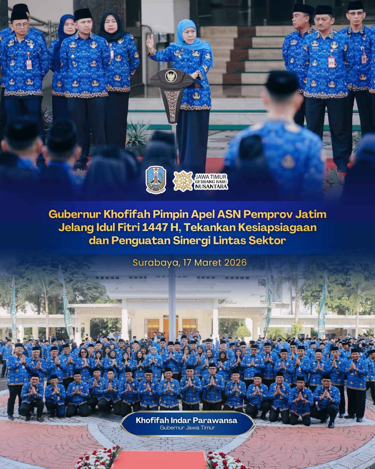 Gubernur Khofifah Pimpin Apel ASN Jelang Lebaran, Fokus pada Keamanan, Pelayanan, dan Konektivitas