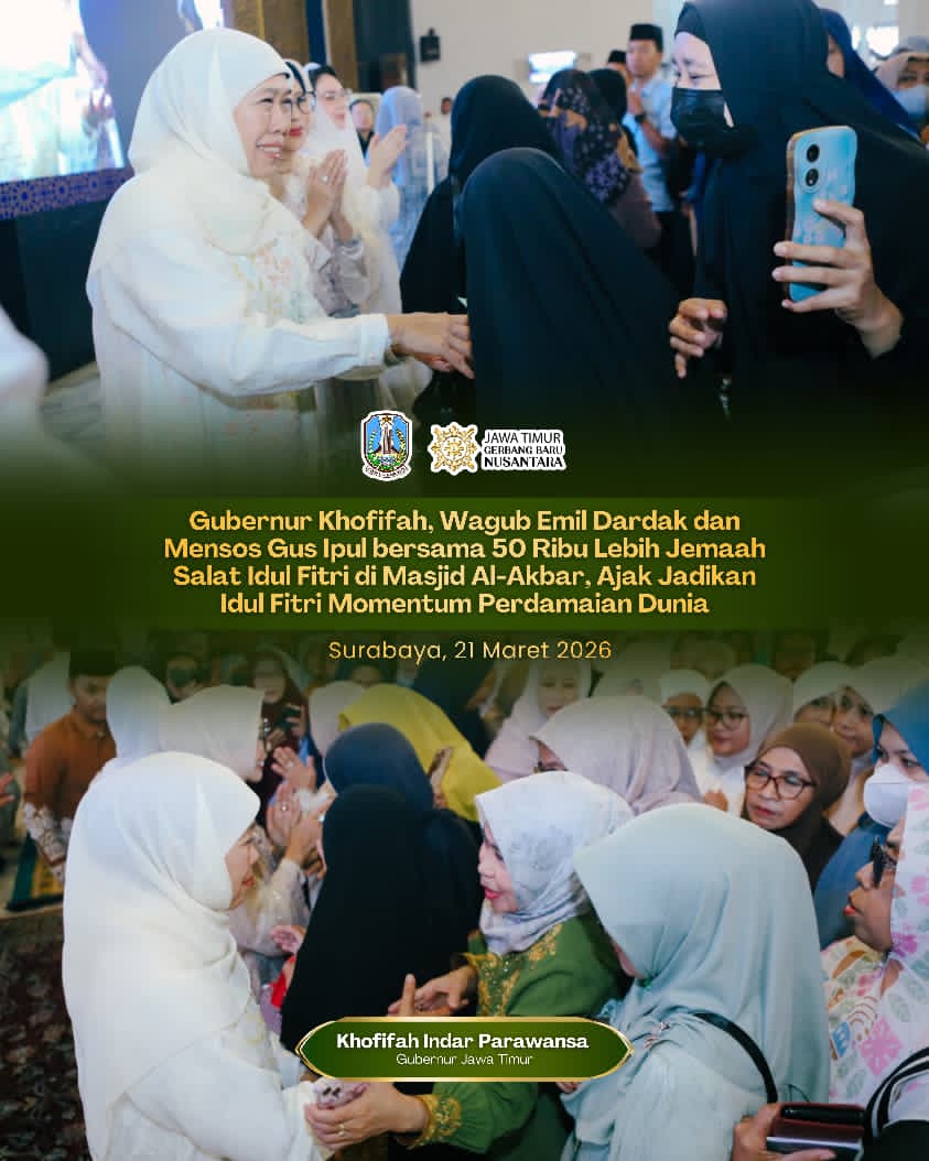 Gubernur Khofifah Salat Ied di Masjid Al-Akbar, Ajak Warga Perkuat Silaturahmi dan Kedamaian