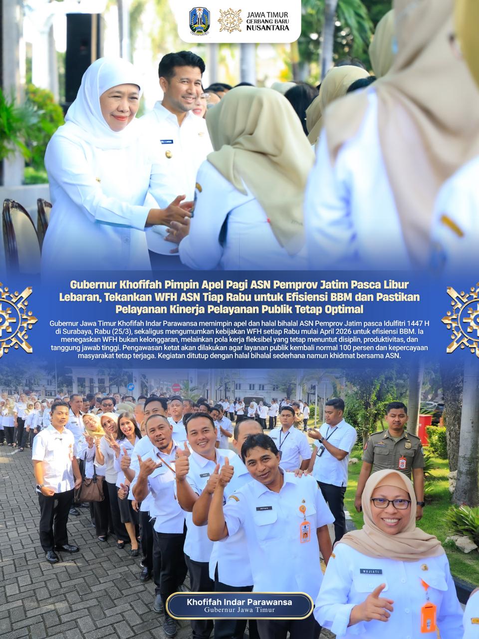Gubernur Khofifah Tegaskan Pelayanan Publik Harus Tetap 100 Persen Saat WFH